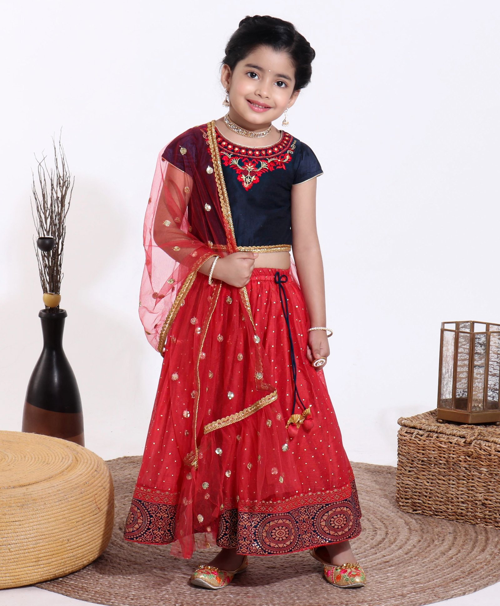 Babyhug Short Sleeves Choli & Lehenga with Dupatta - Blue Red-image-7