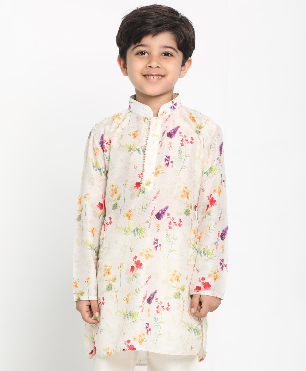Vastramay Flower Print Full Sleeves Kurta - Cream-picture-16