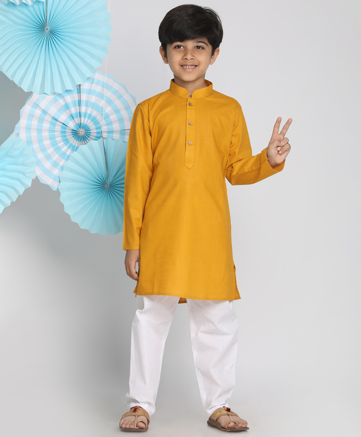 Vastramay Solid Full Sleeves Kurta With Pyjama - Mustard-image-48