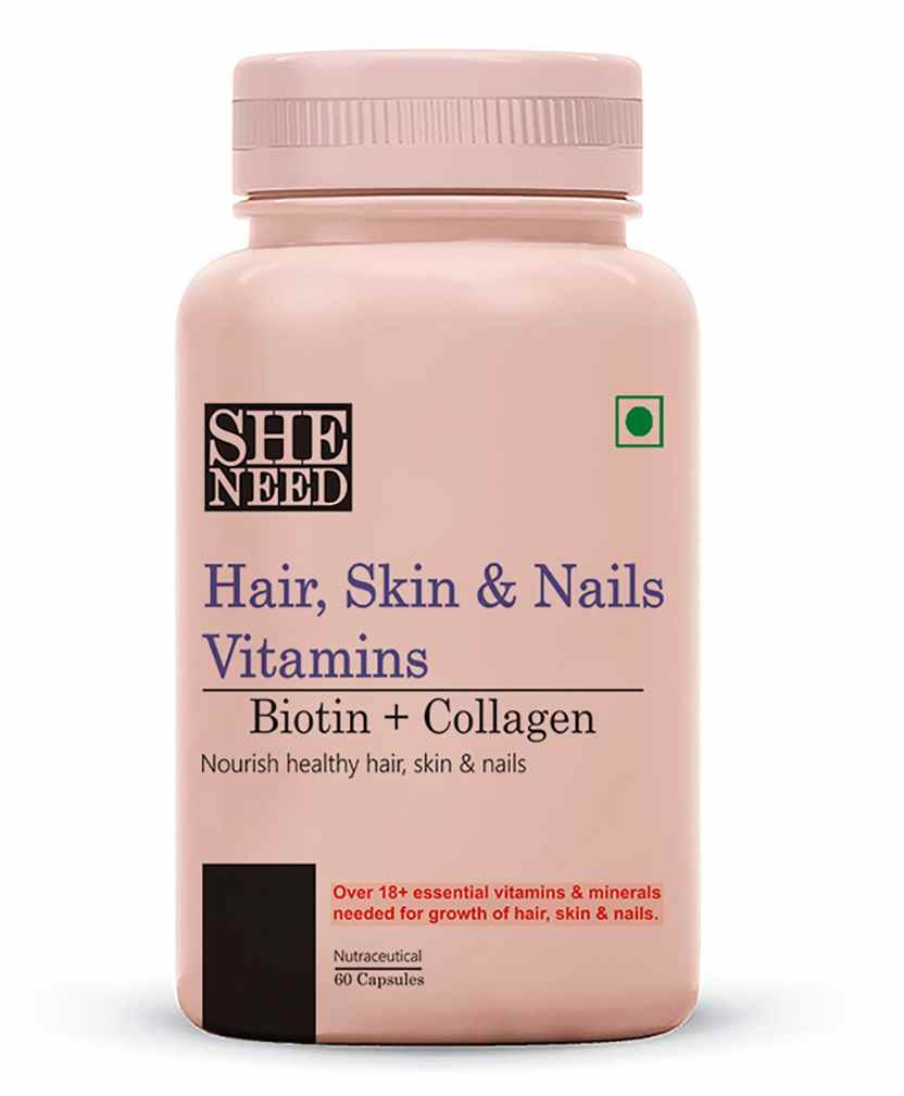 SheNeed Hair Skin & Nails Vitamins With Biotin Collagen & Keratin - 60  Capsules Online in India, Buy at Best Price from  - 9662540