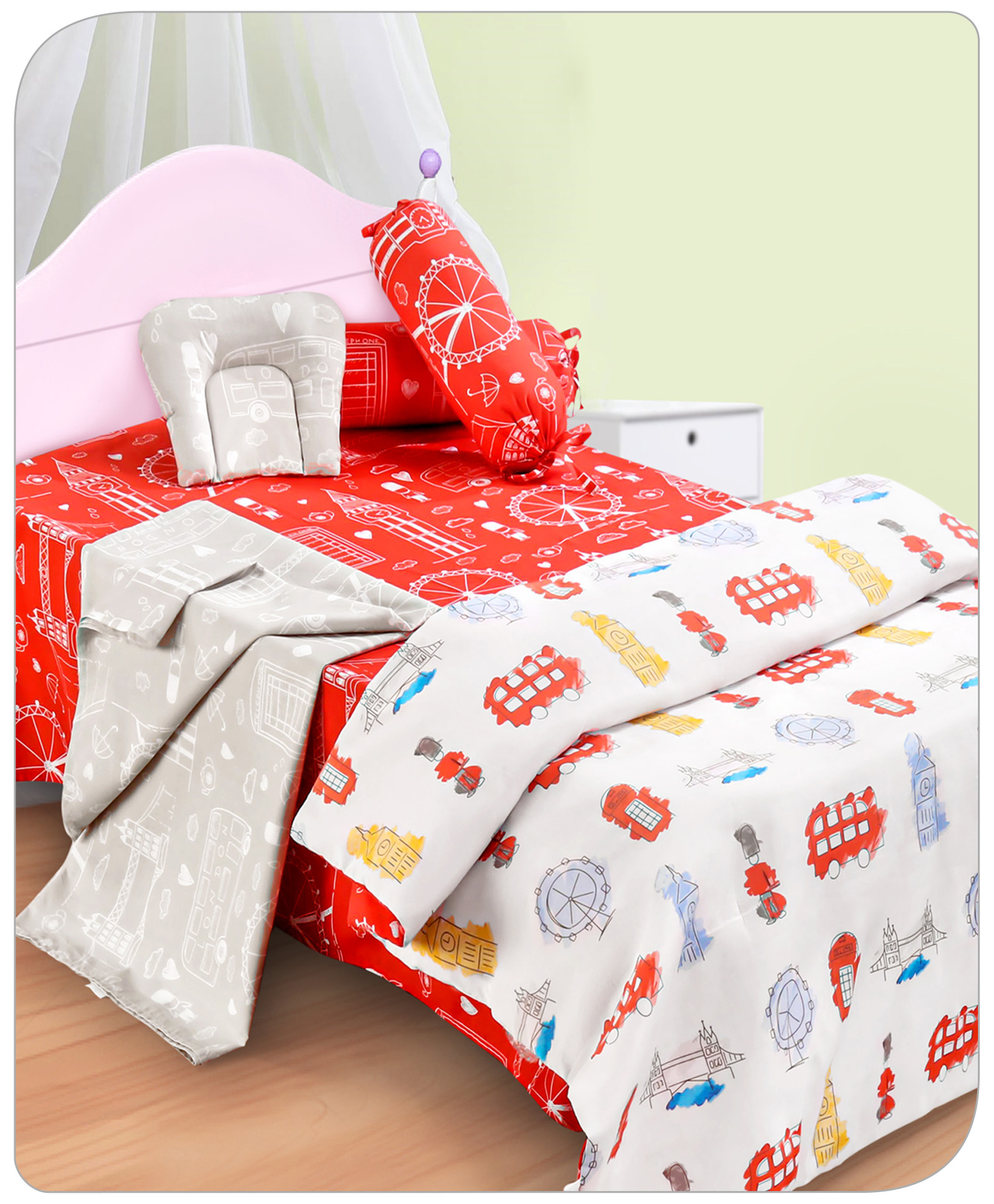Babyhug Premium 180 TC Cotton Baby Bedding Essentials Set Pack of 6 London Street Theme-Red-image-12