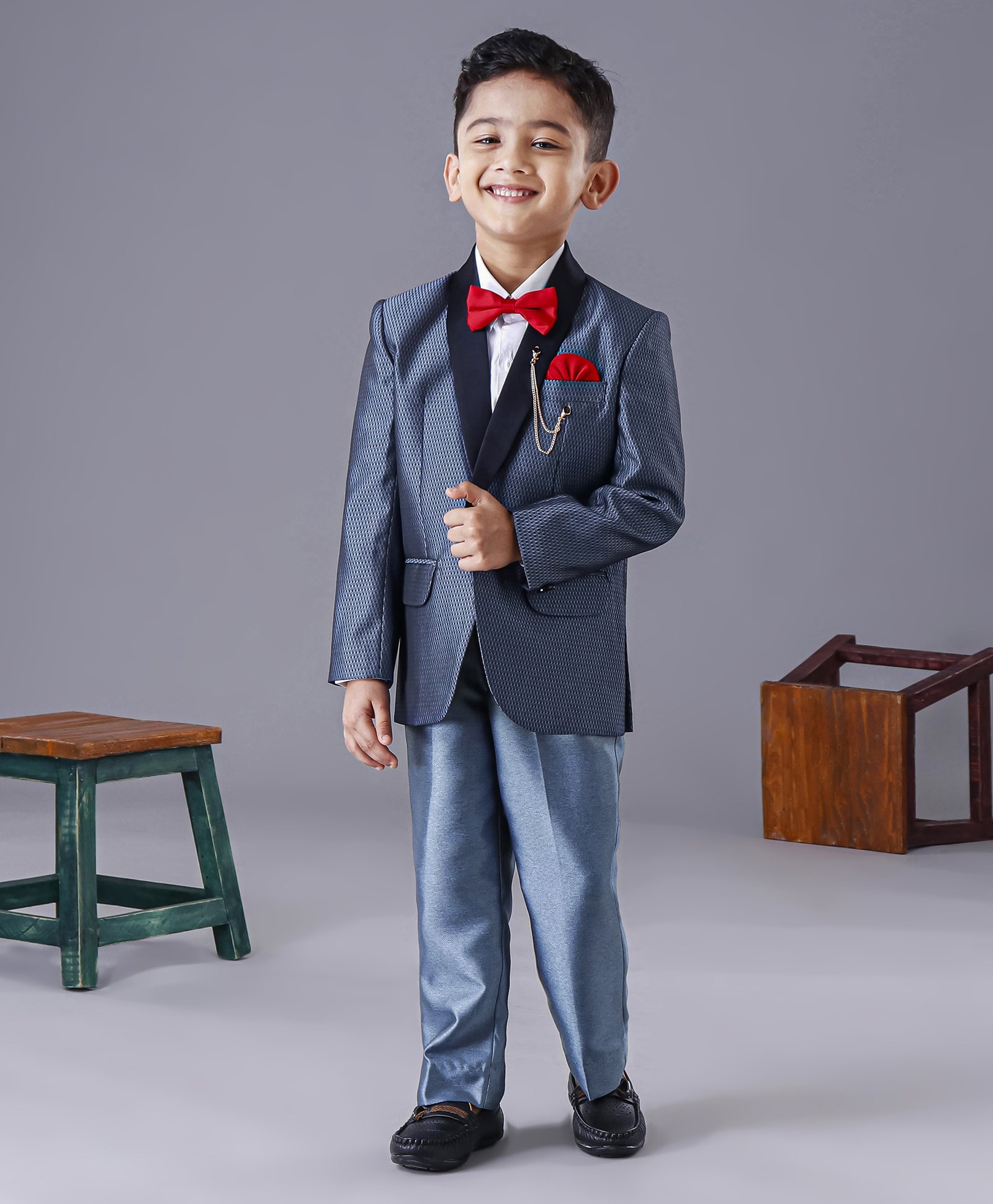 Robo Fry Full Sleeves 3 Piece Party Suit with Bow Textured - Blue-picture-14