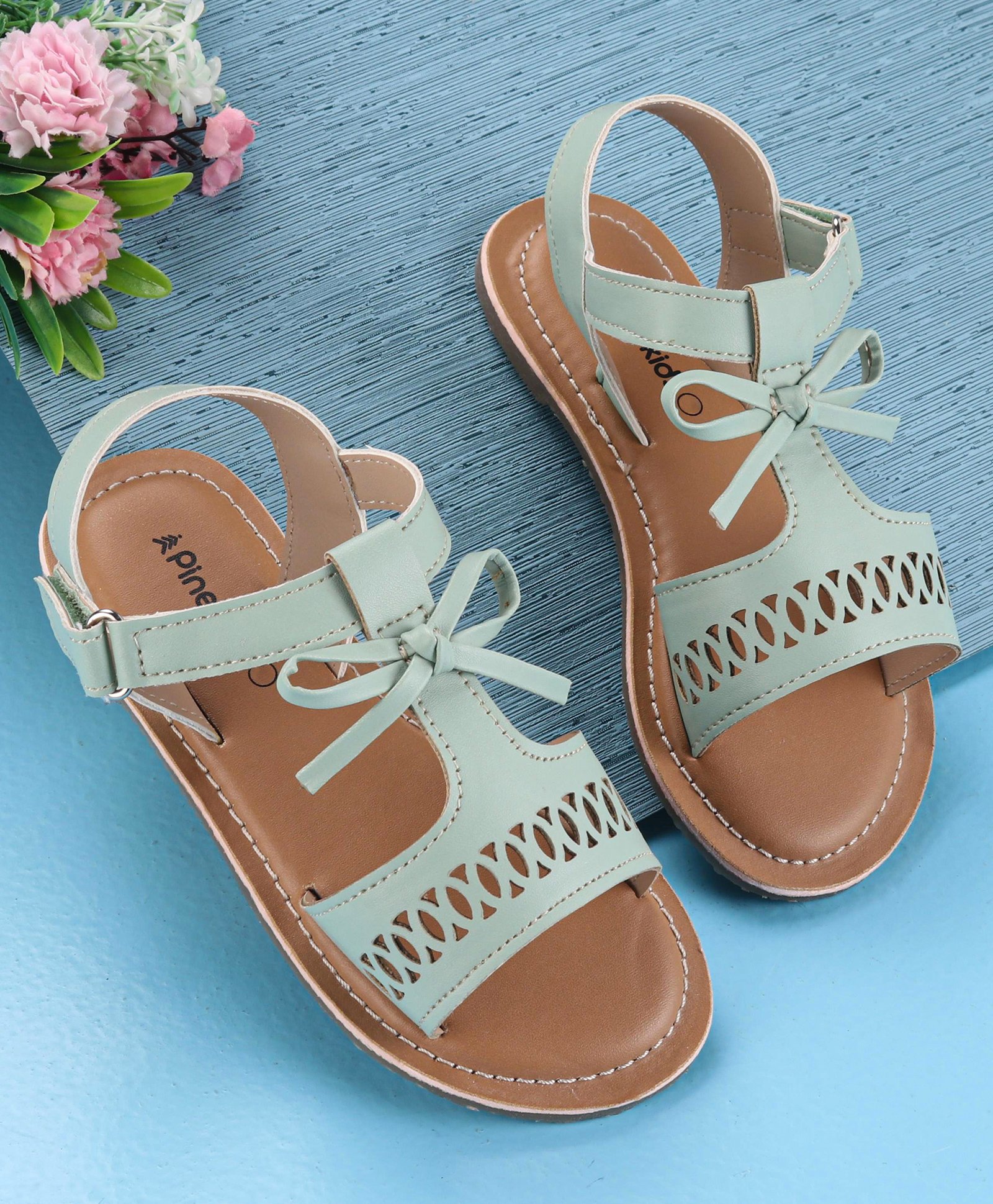Pine Kids Party Wear Sandals Bow Appliques - Green-picture-39