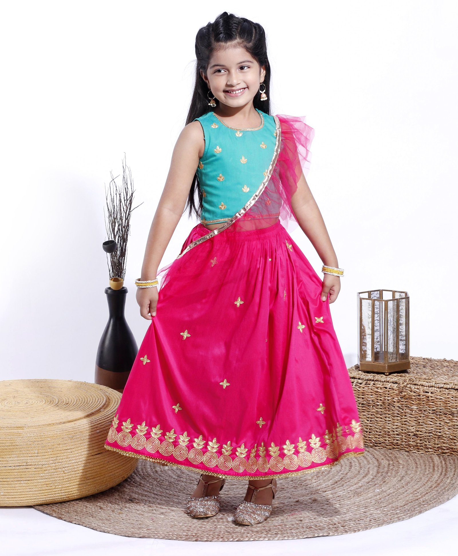 Babyhug Sleeveless Choli & Lehenga With Dupatta Embroidery - Turq Fuschia-image-24