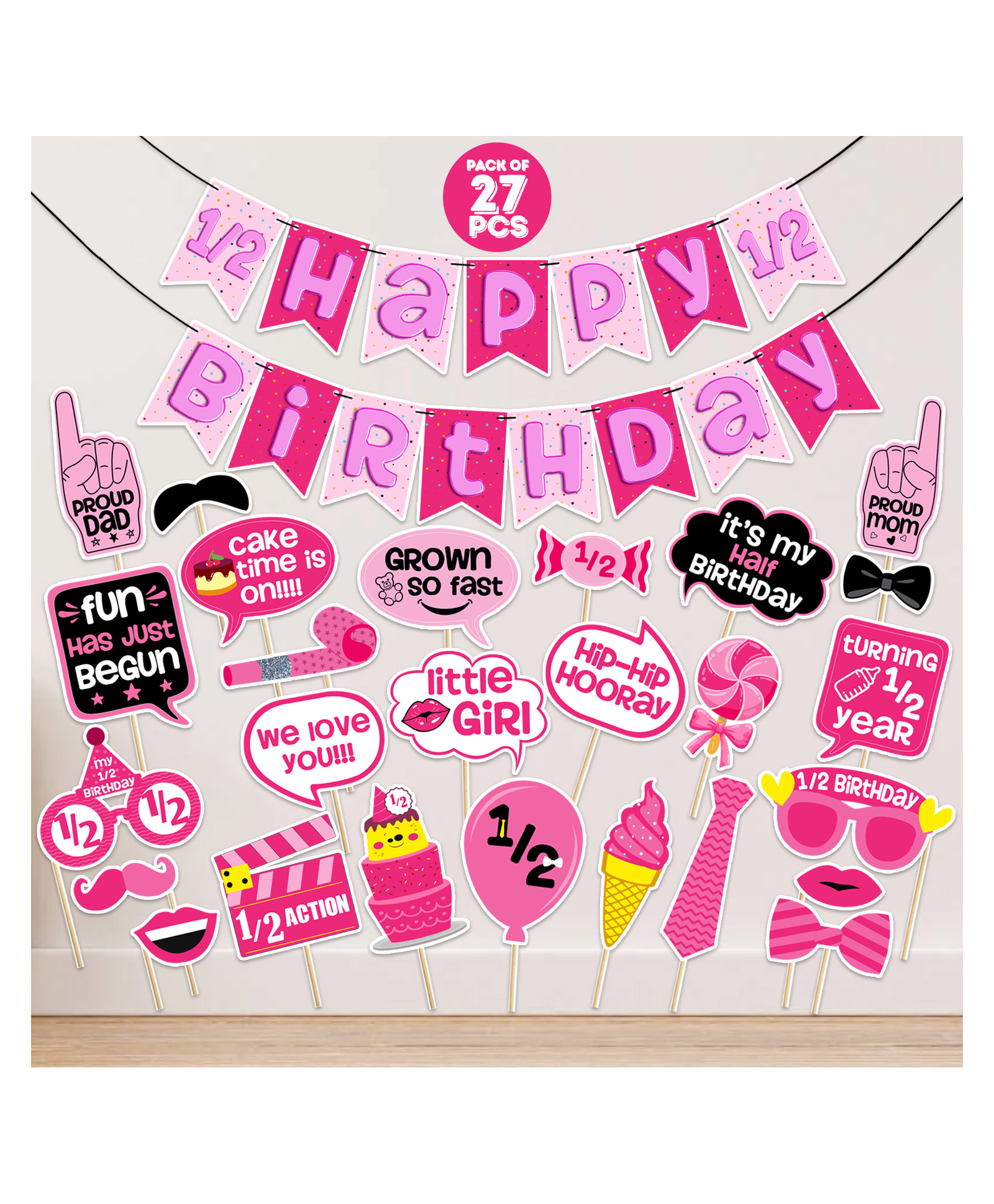 Zyozi 6 Months Baby Girl Birthday Banner & Photo Booth Party Props Pink - Pack of 27-image-18