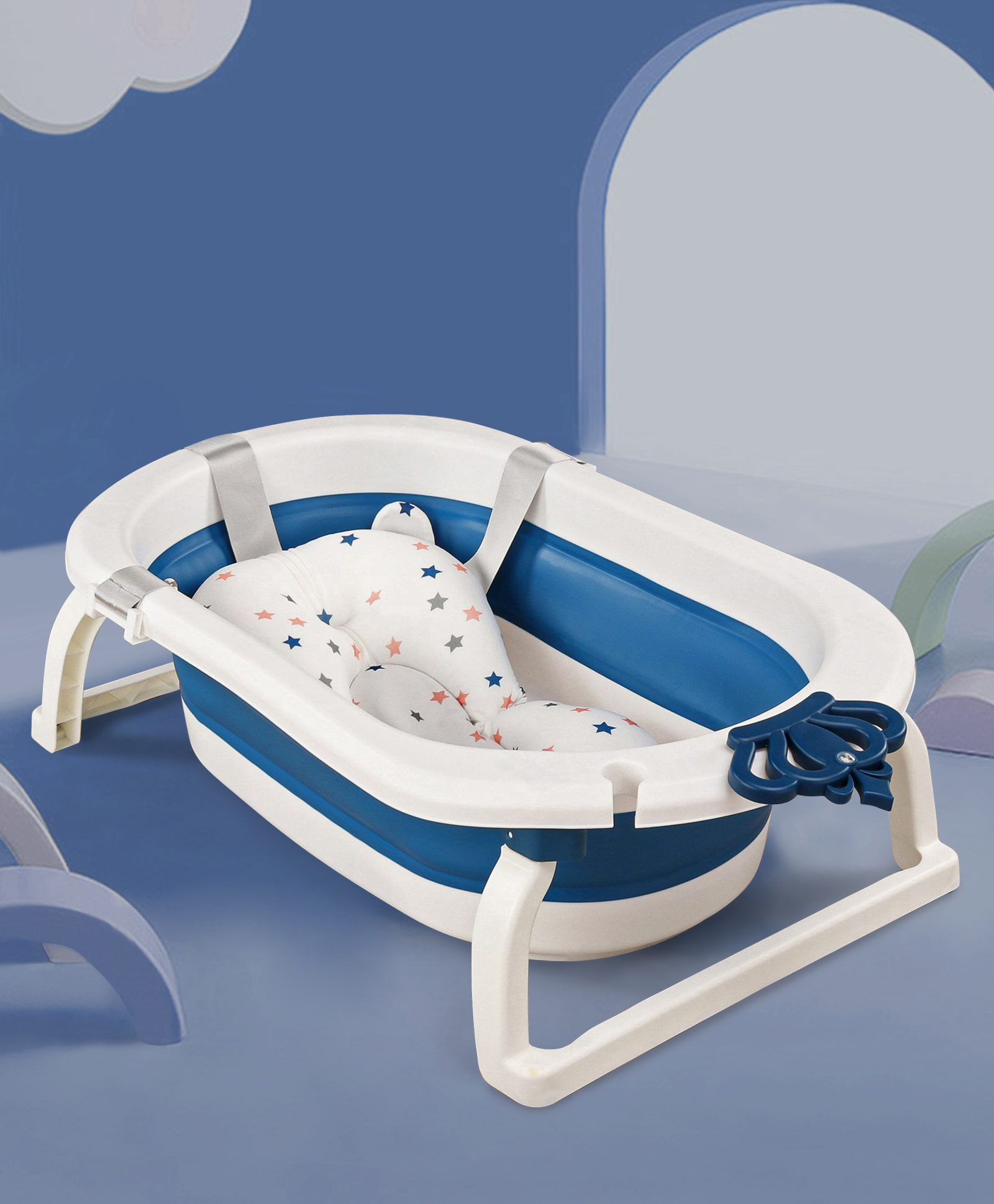 Babyhug Foldable Bathtub with Printed Cushion - Dark Blue