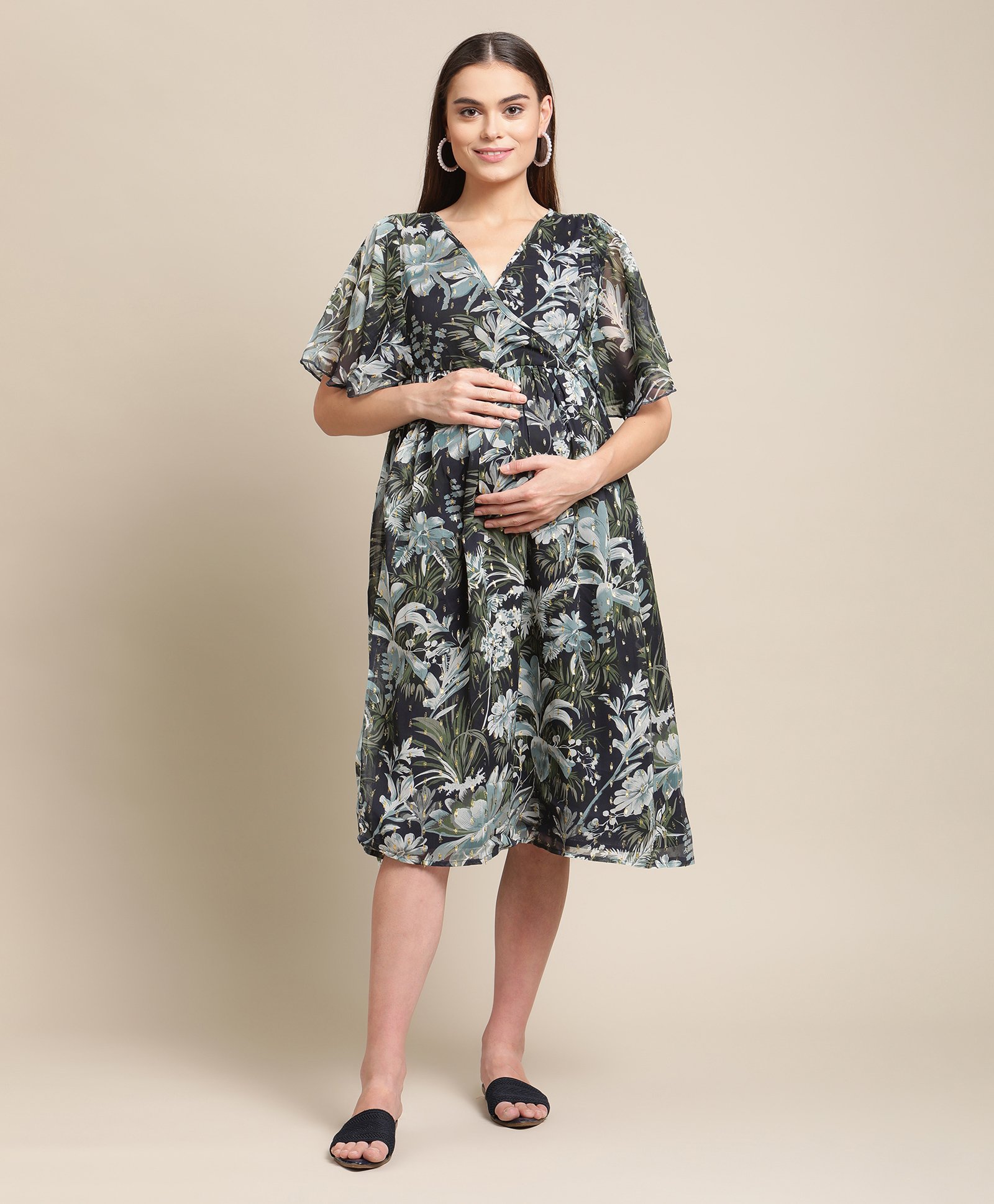 Bella Mama Half Sleeves Maternity Dress Floral Print - Green-image-38