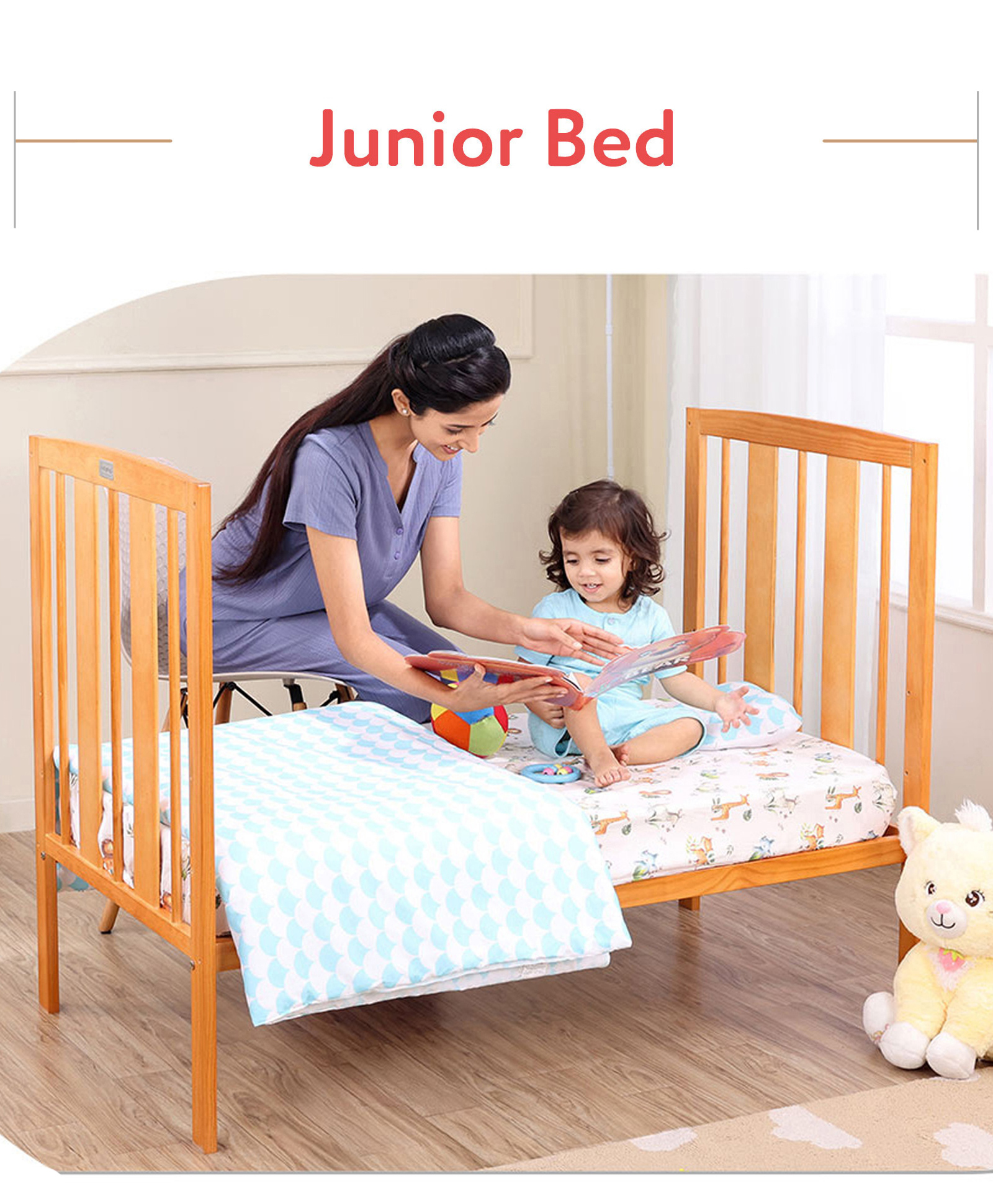 Babyhug Malmo Wooden Cot with 3 Level Height Adjustment & Plug and Play Assembly - Natural| Solid Pinewood| Convert to Junior Bed| Smooth Edges-image-3