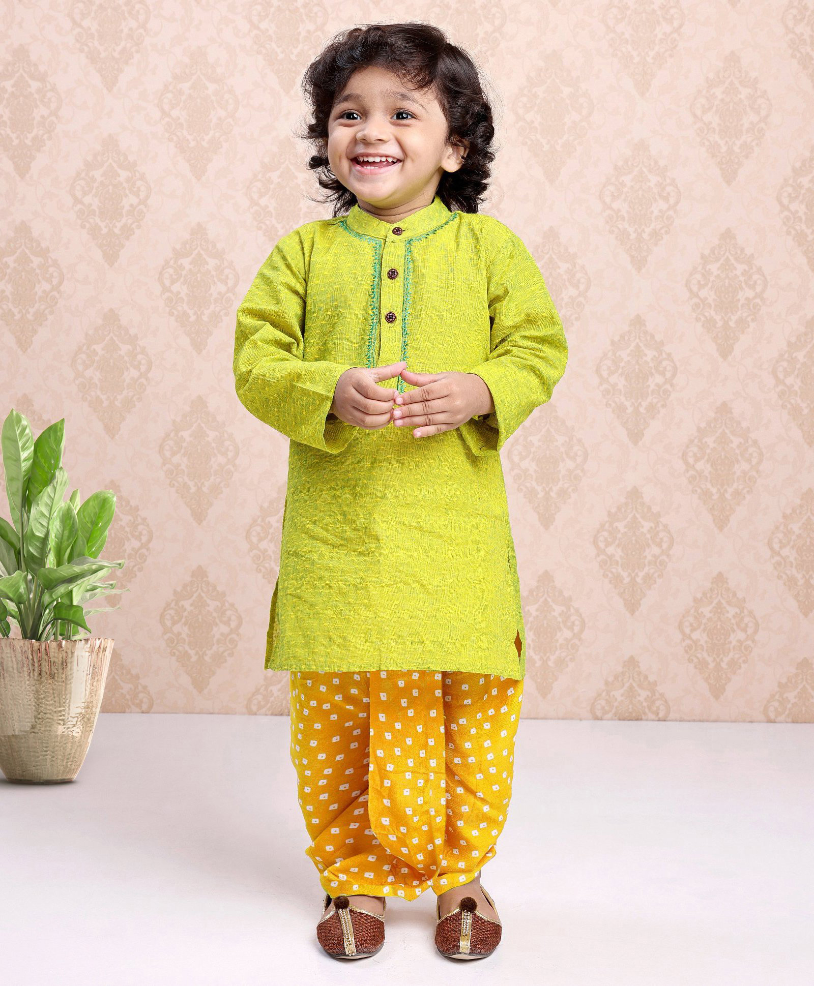 Babyhug Full Sleeves Kurta & Printed Dhoti - Green Yellow-image-2