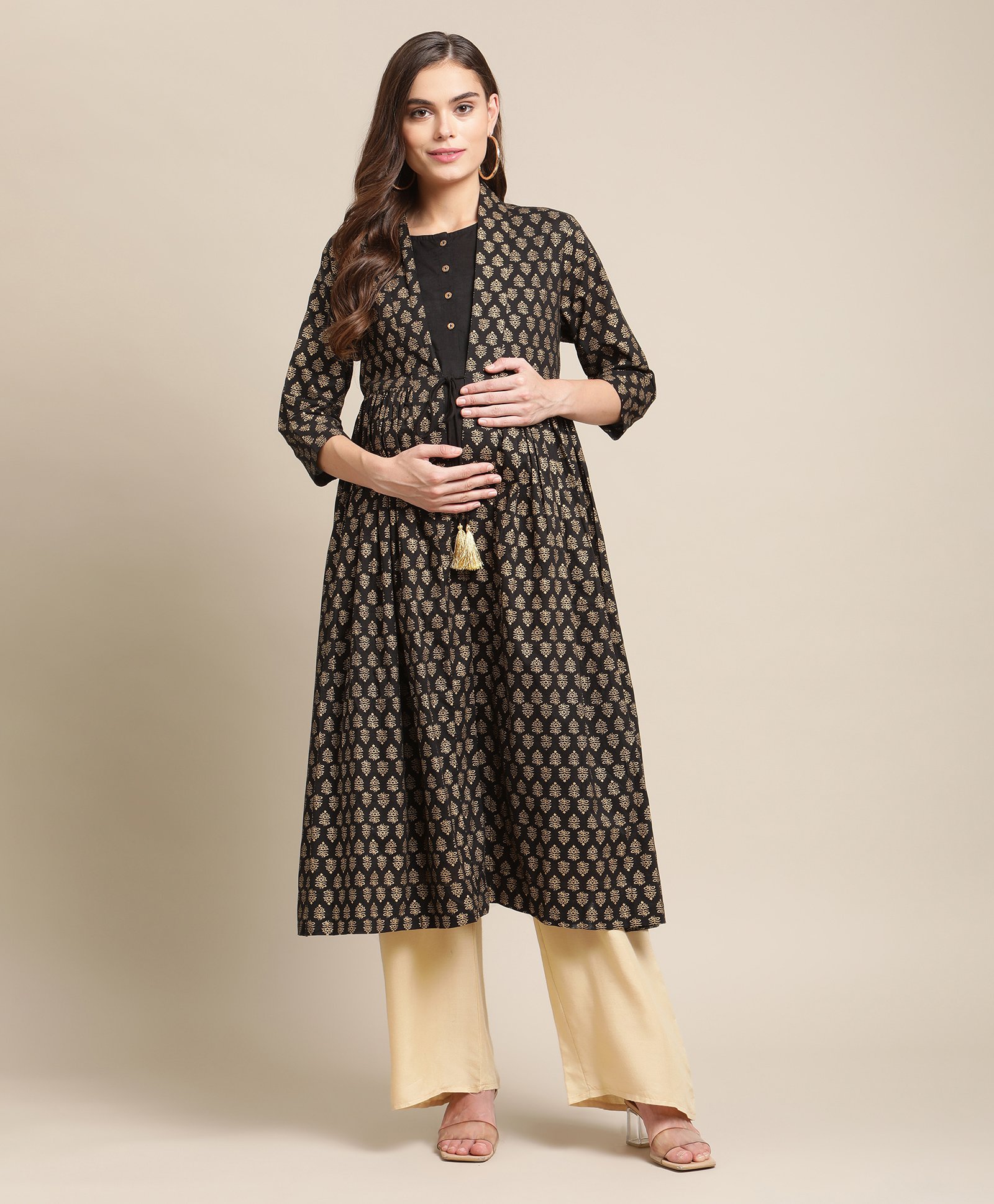 Bella Mama Three Fourth Sleeves Jacket Style Printed Maternity Ethnic Kurta - Black-image-32