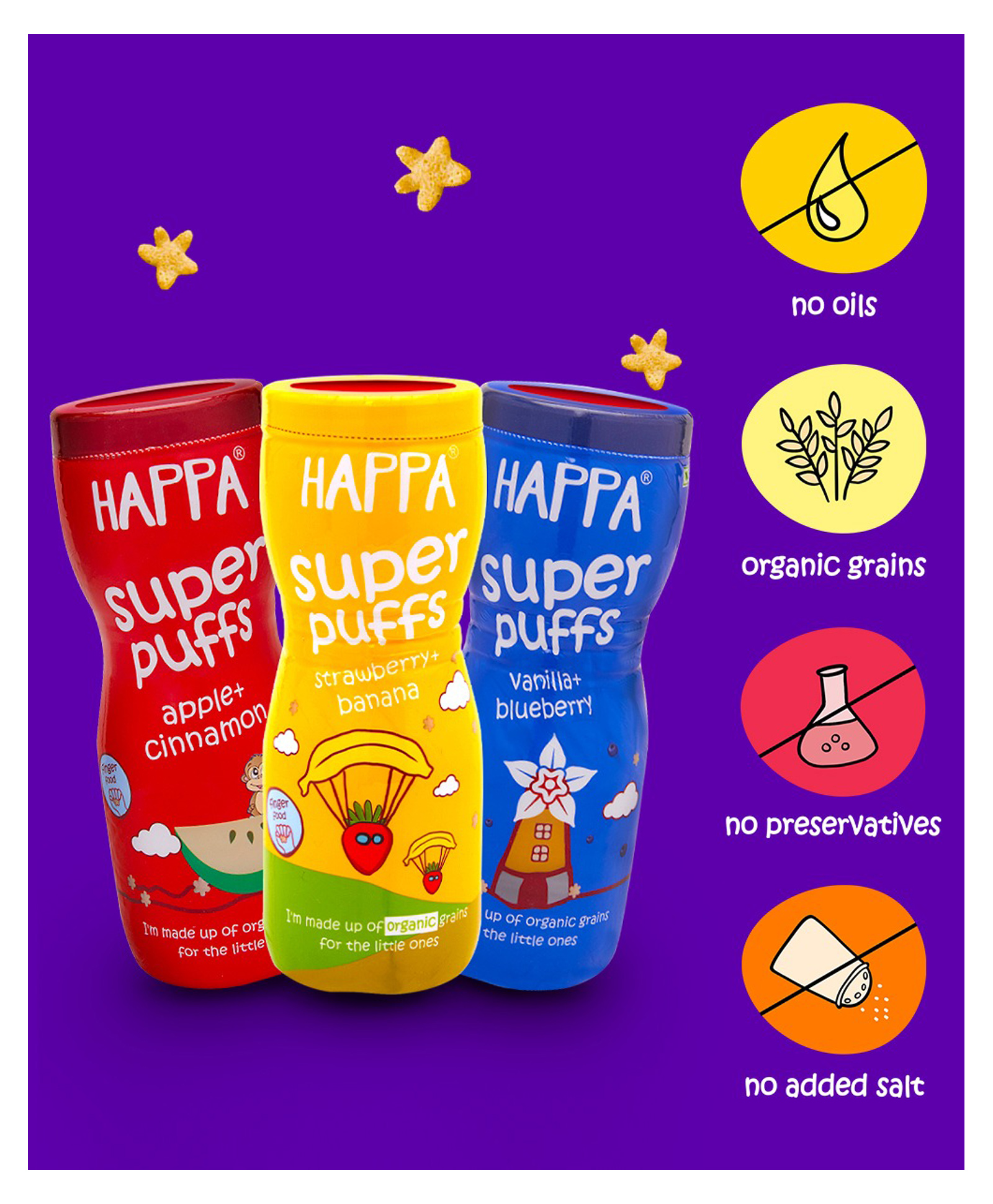 Happa Multigrain Melts Super Puffs Apple Cinamonn Vanilla Blueberry Strawberry Banana Flavour Pack of 3 - 40 gm Each-image-8