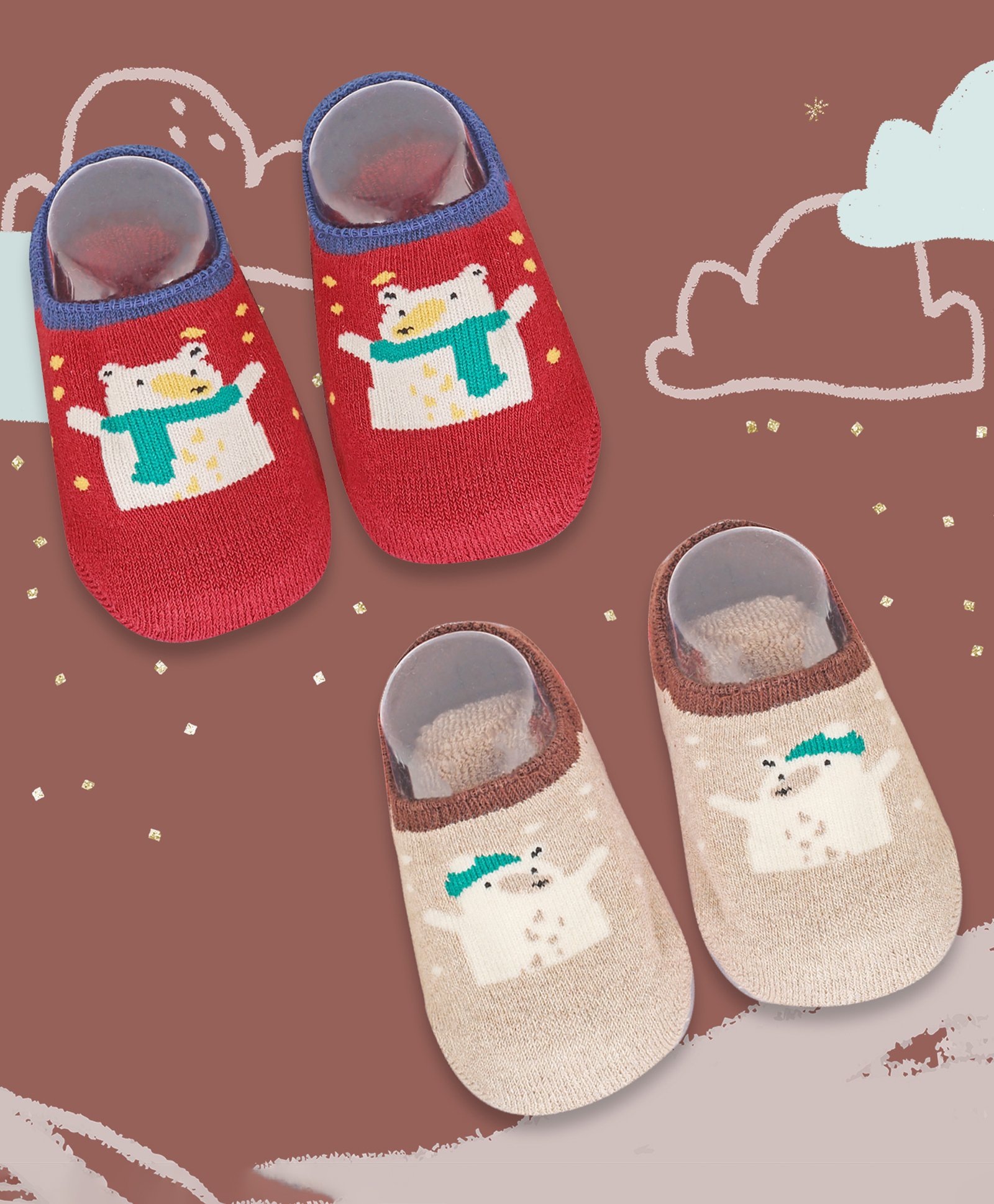 Baby Moo Bear In Snow Design 2 Pair Of Socks - Red Beige-picture-32