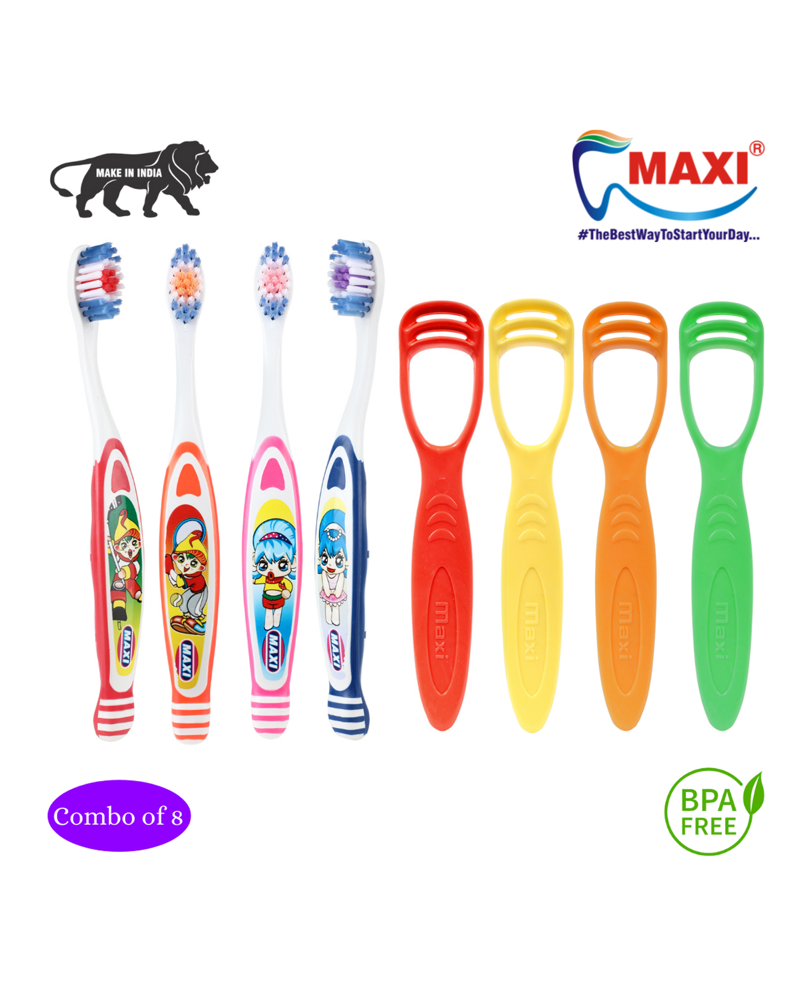 MAXI Junior Oral Care Combos Toothrushes & Tongue Cleaner Pack of 8 - Multicolour-image-18
