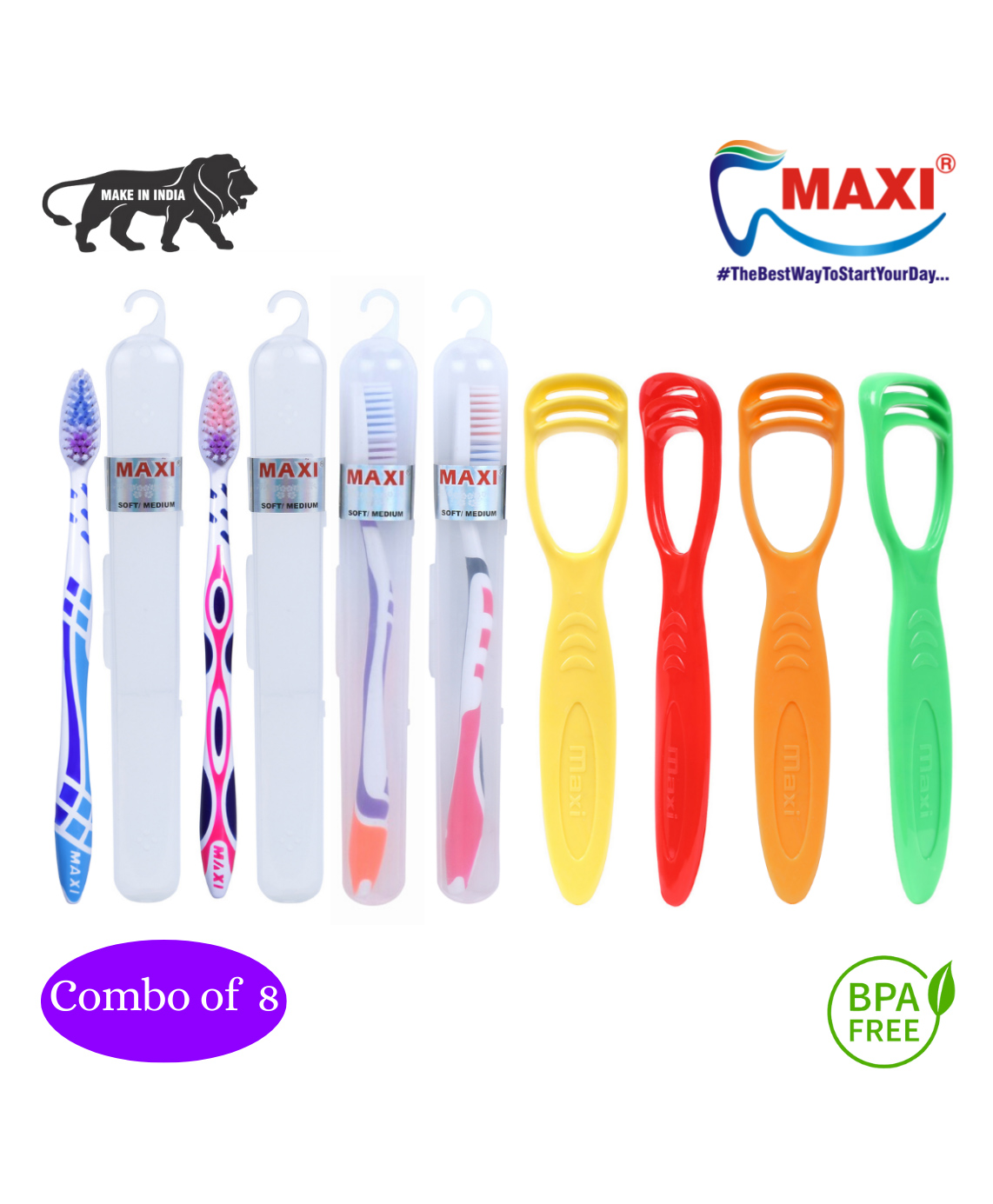 MAXI Oral Care Combo Toothbrush & Tongue Cleaner Pack of 8 - Multicolor-image-20