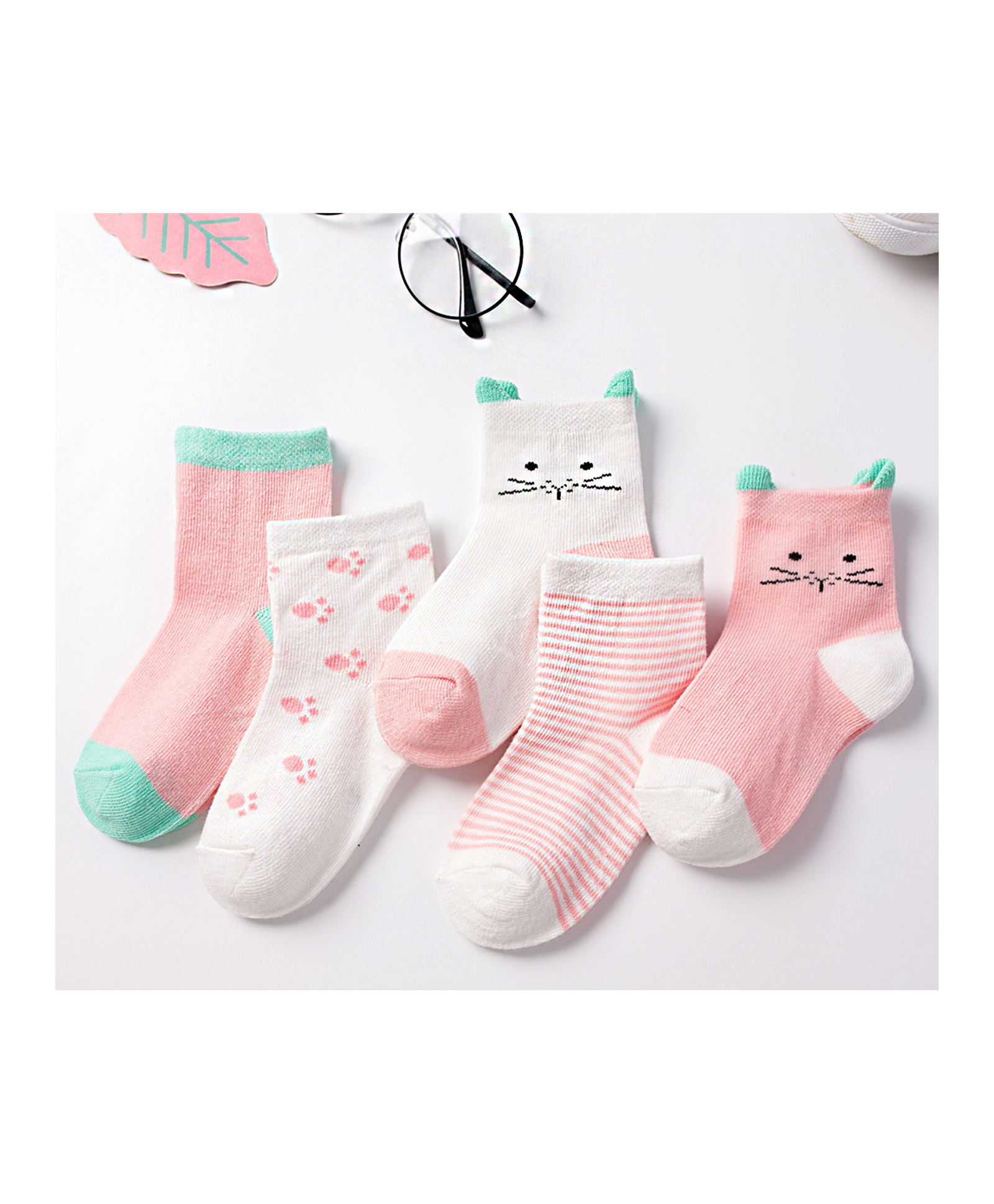 MOMISY Ankle Length Socks with Kitten Print Pack of 5 - Pink White Green-picture-21