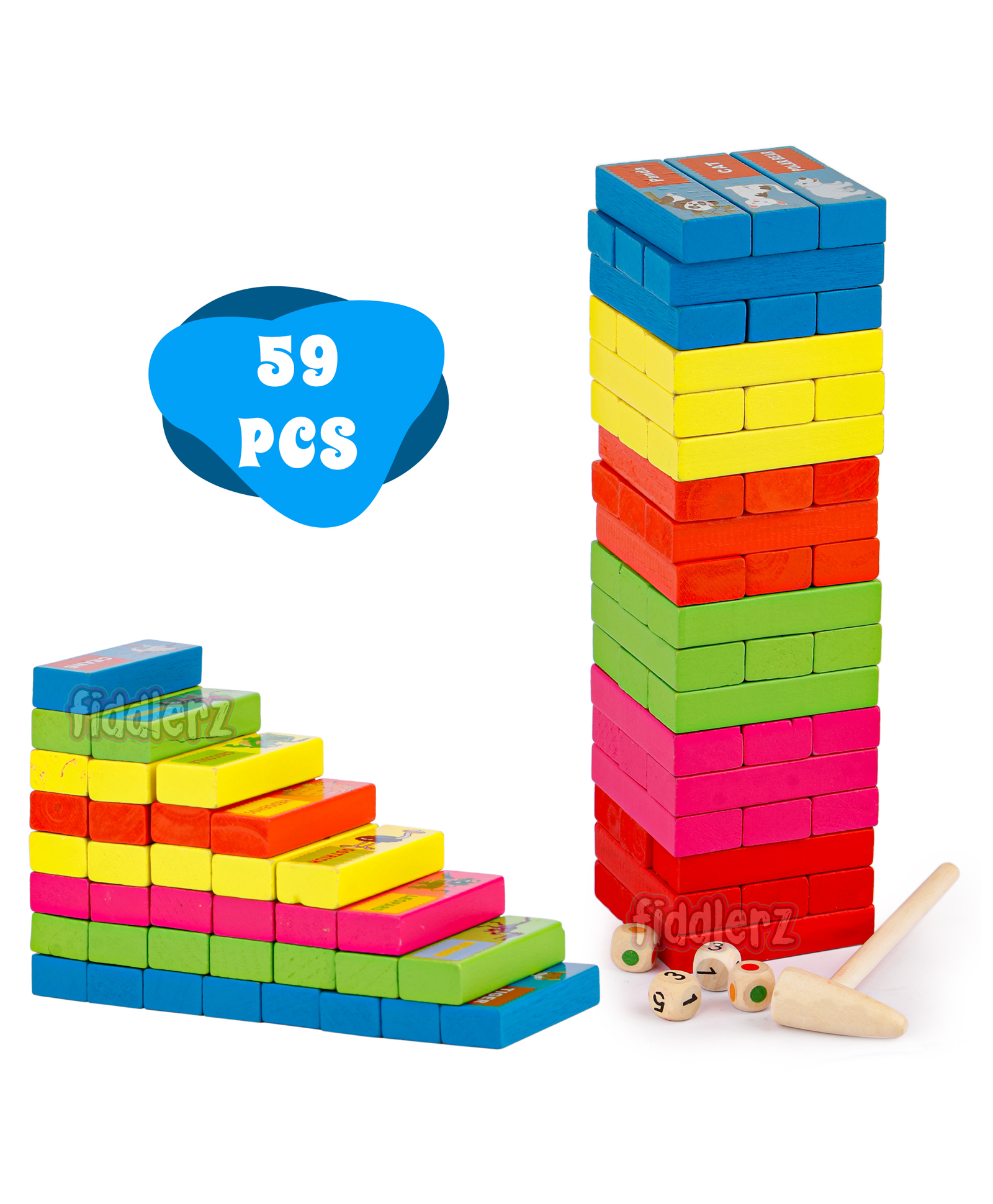 Fiddlerz Wooden Tumbling Tower Blocks Toy Set Multicolor - 59 Pieces-picture-19