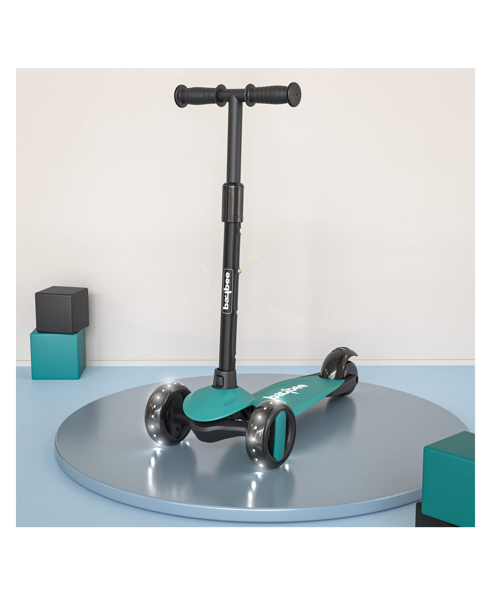 BAYBEE Alpha Kick Scooter for Kids 3 Wheel Kids Scooter with 4 Height Adjustable Handle Runner Scooter with LED PU Wheels & Brake Skate Scooter for Kids - Green