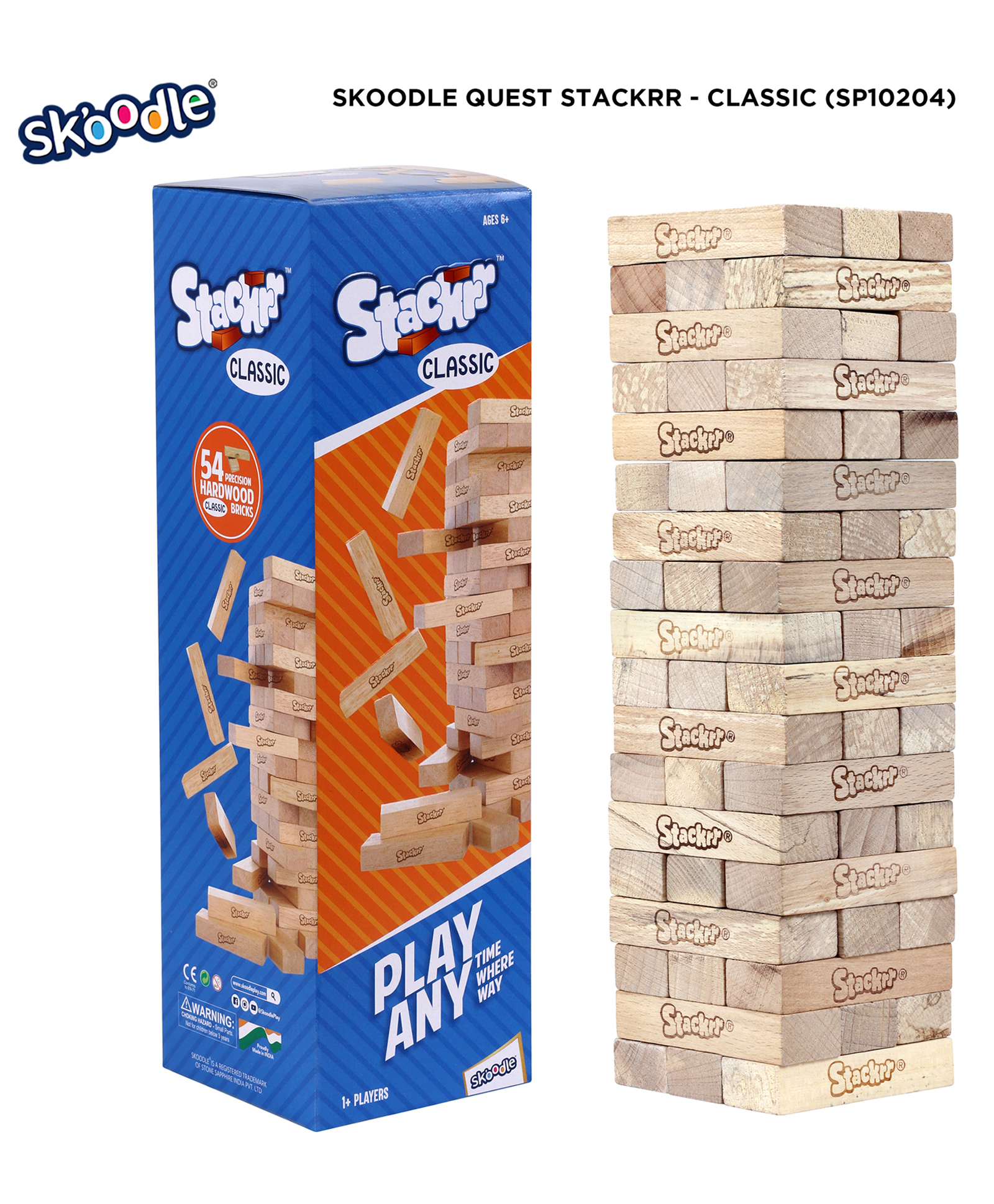 Skoodle Stackrr Classic Stacking Tumbling Tower Game Of Premium Beachwood Wooden Blocks - 54 Pieces-image-1
