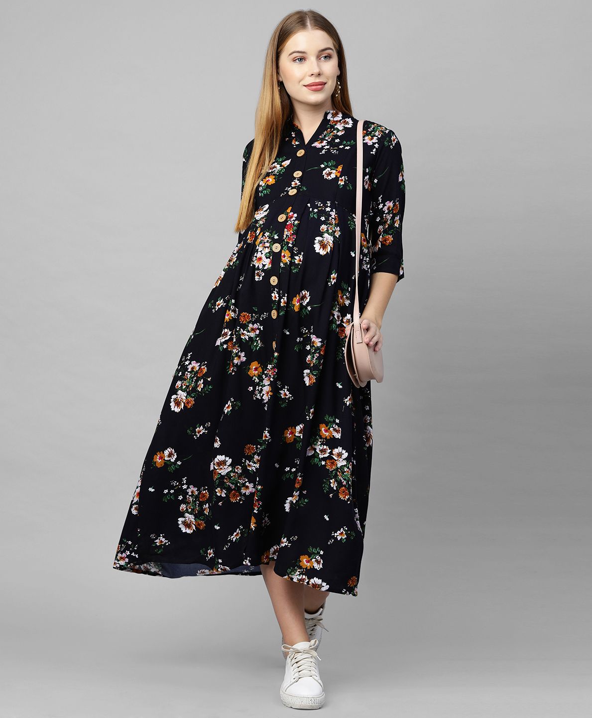 MomToBe Three Fourth Sleeves Flower Print Maternity Dress -  Blue-picture-17
