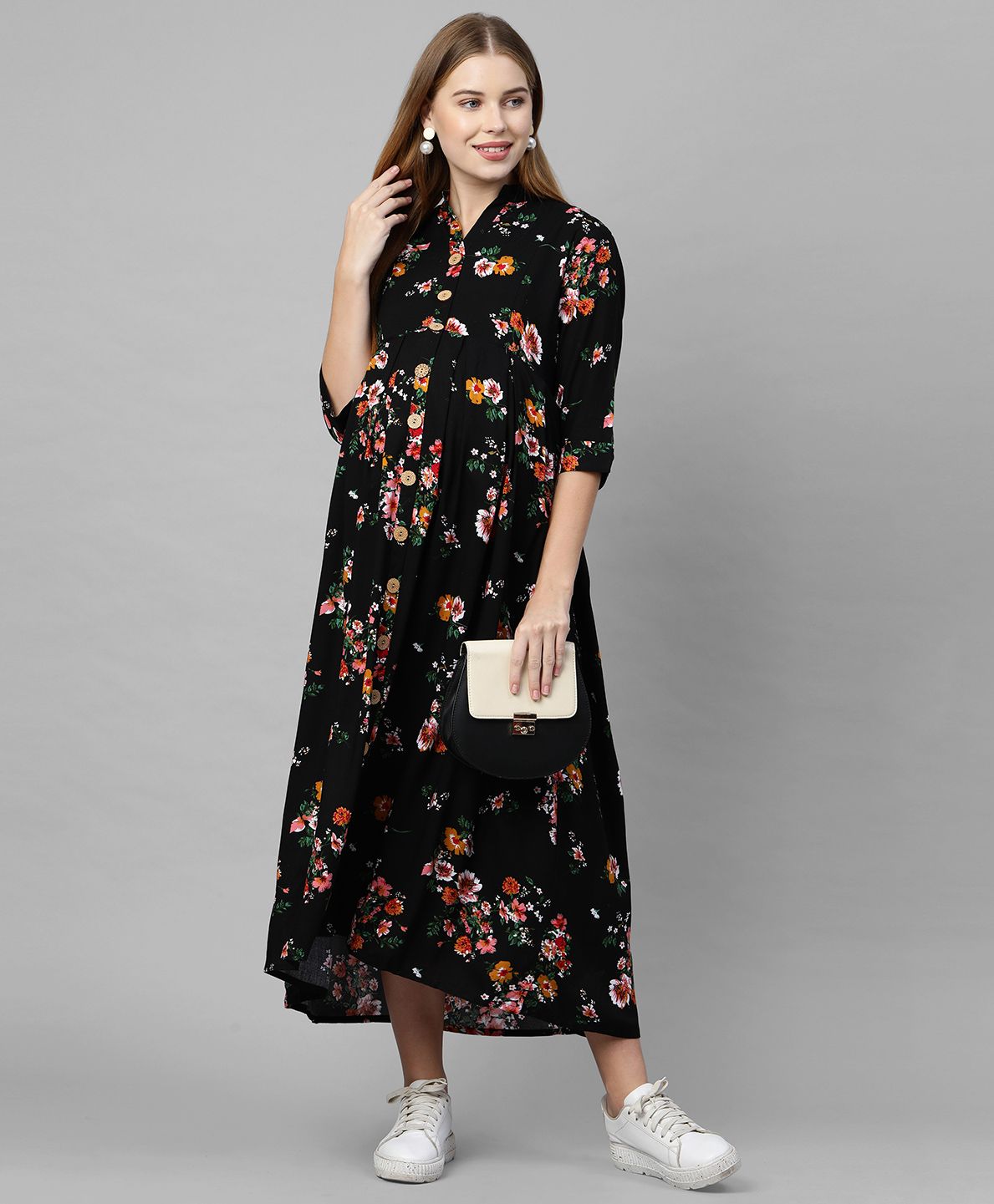 MomToBe Three Fourth Sleeves Flower Print Maternity Dress -  Black