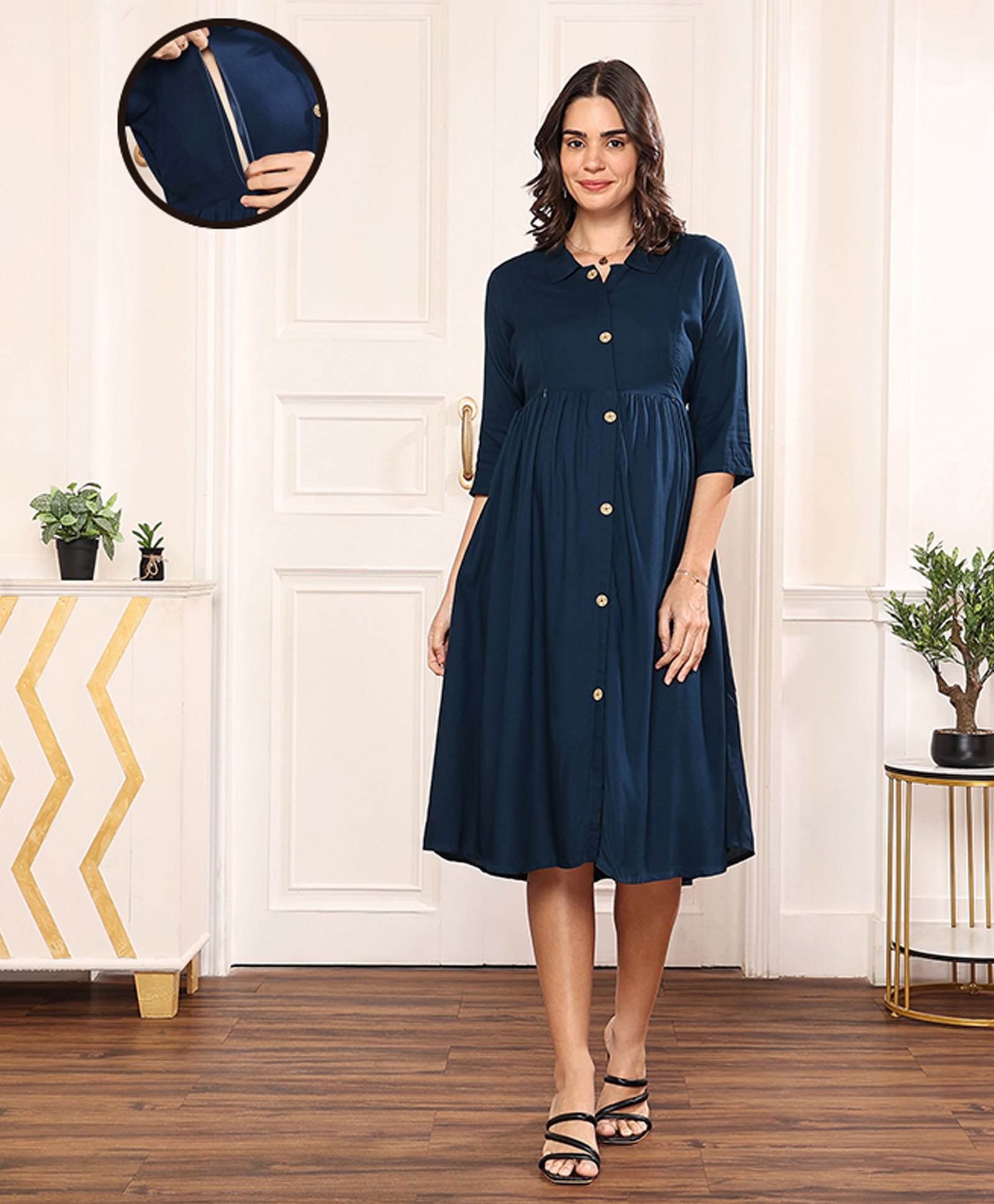 MomToBe Three Fourth Sleeves Solid Button Down Maternity Dress - Dark Green-image-22