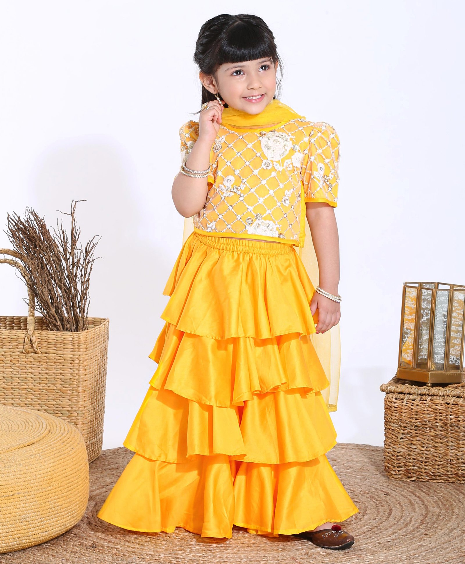 Saka Designs Half Sleeves Embroidered Choli and Layered Lehenga with Lace Border Mesh Dupatta - Yellow-image-45