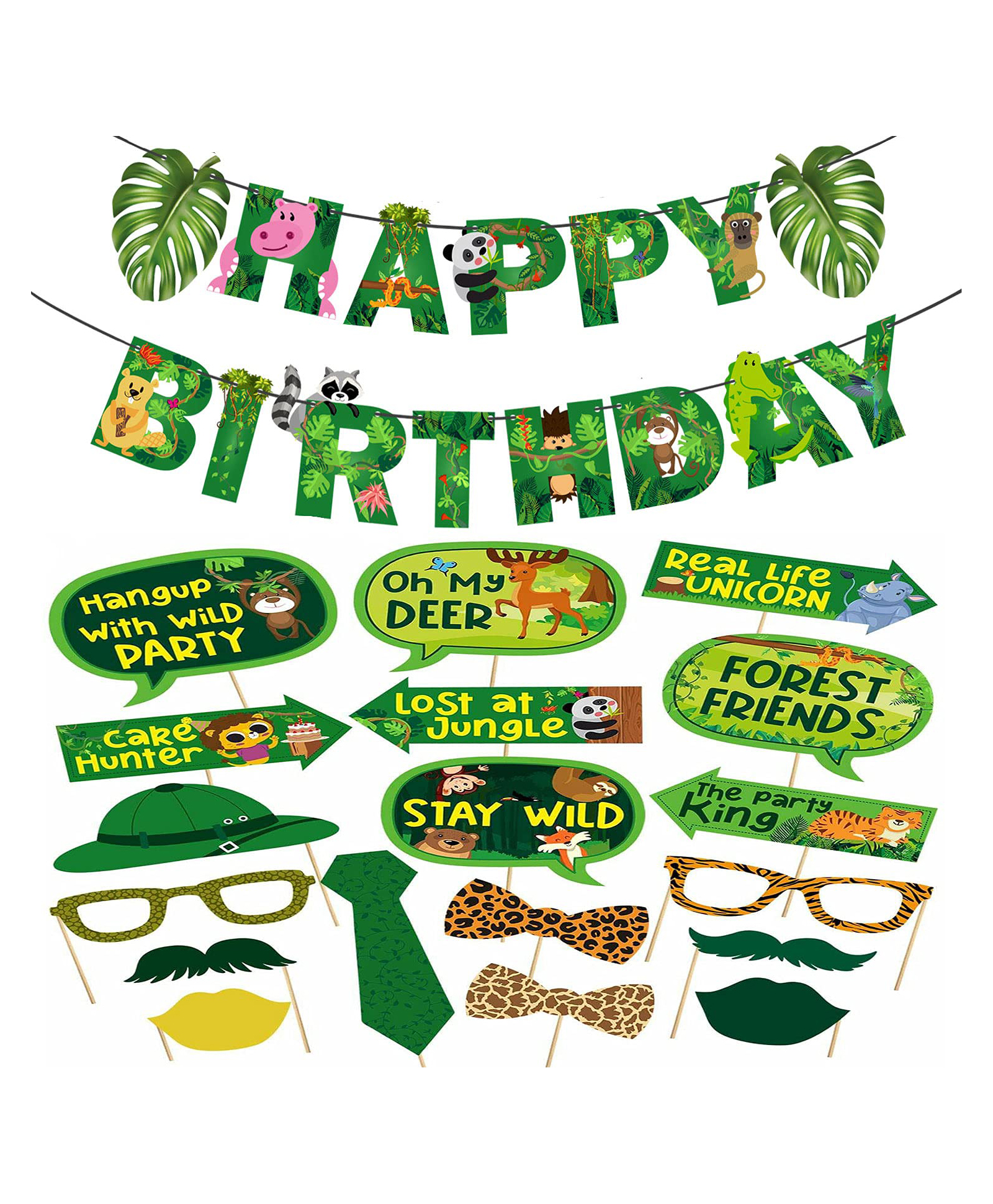 Zyozi Jungle Theme Happy Birthday Banner With Props Green - Pack of 19-image-48