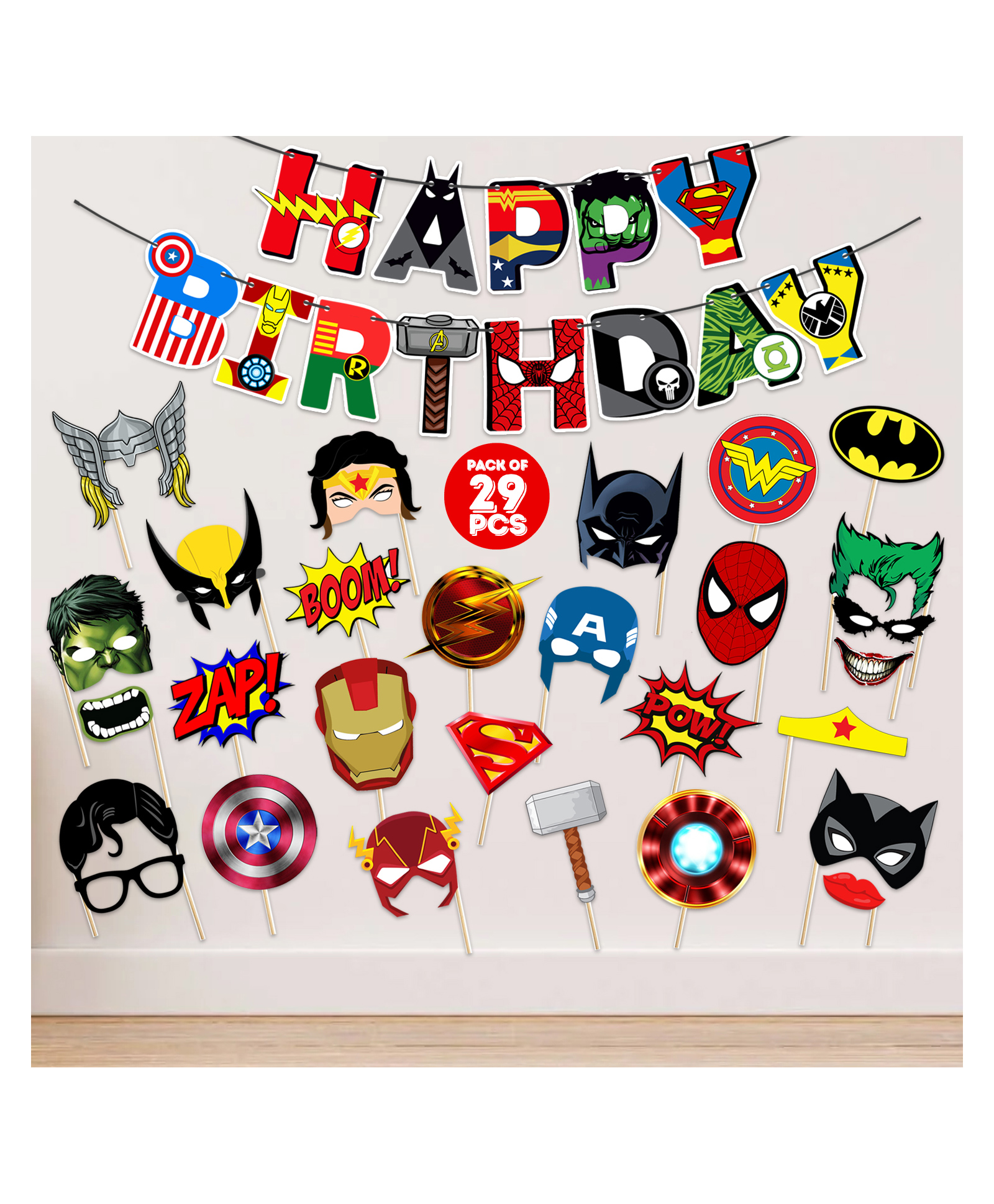 Zyozi Avengers Theme Happy Birthday Banner And Photo Booth Props Pack Of 29 Online In India Buy At Best Price From Firstcry Com