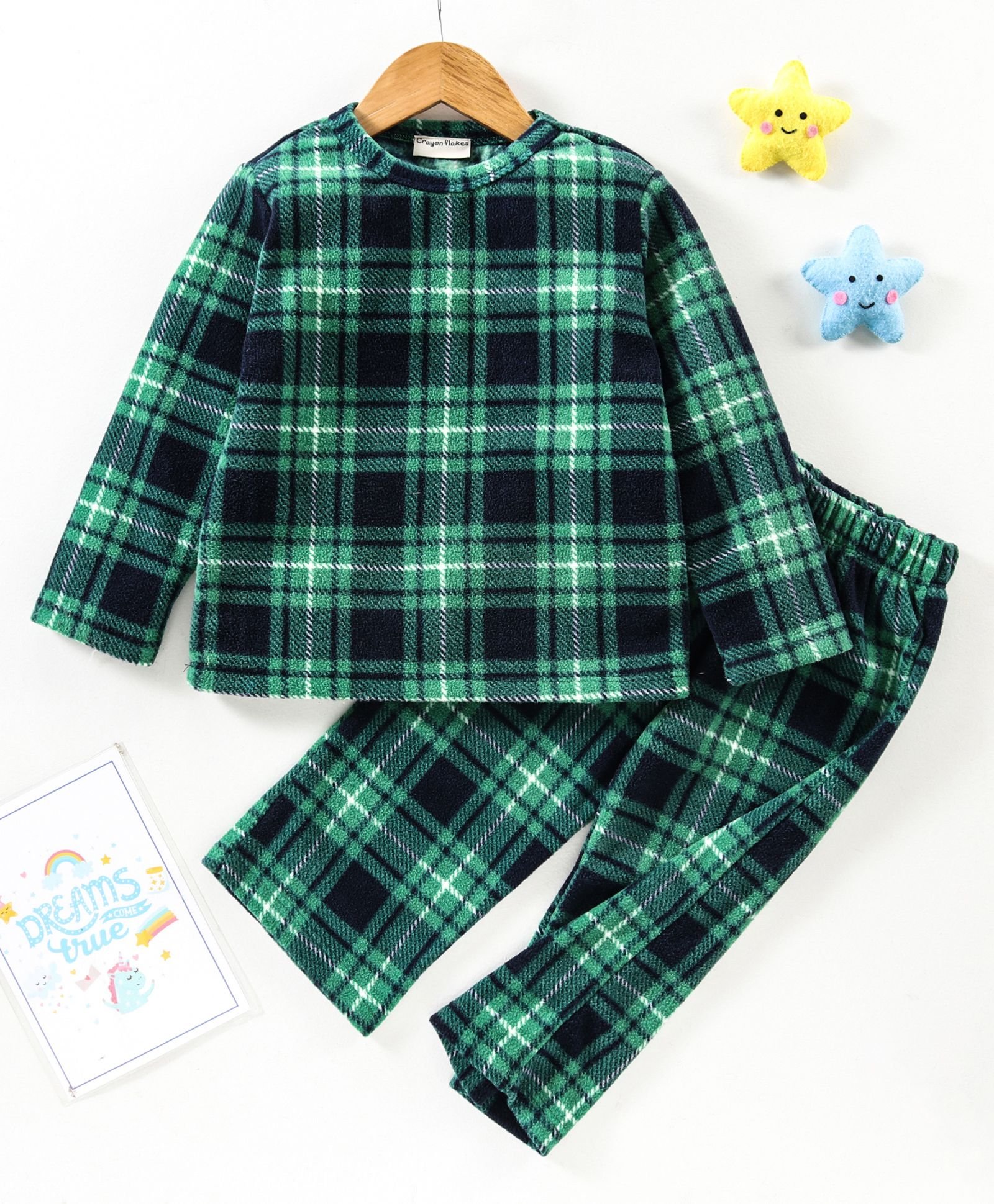 CrayonFlakes Polar Fleece Full Sleeves Checked Night Suit - Green-picture-23