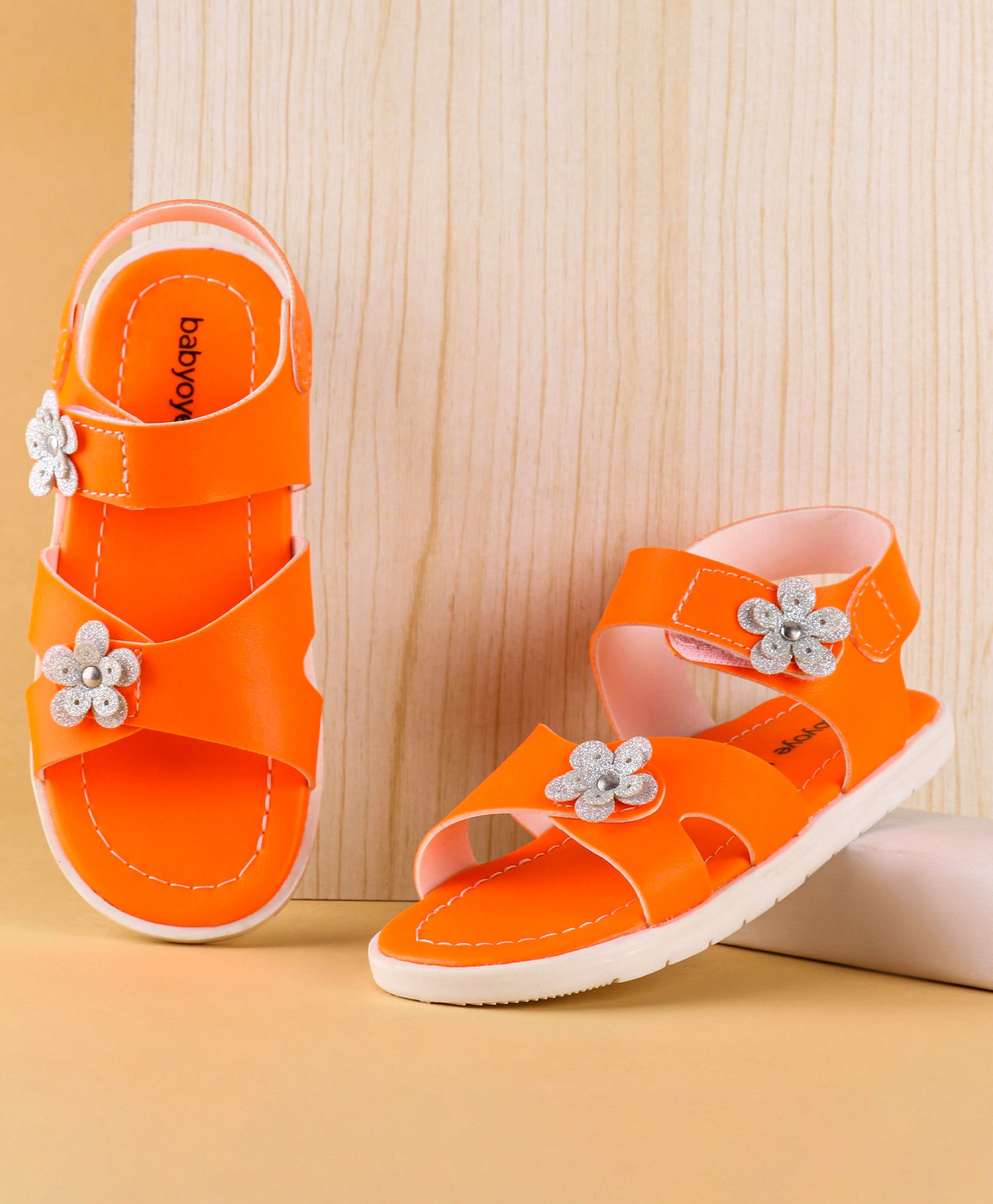 Babyoye Party Wear Flower Applique Sandals - Orange-image-5