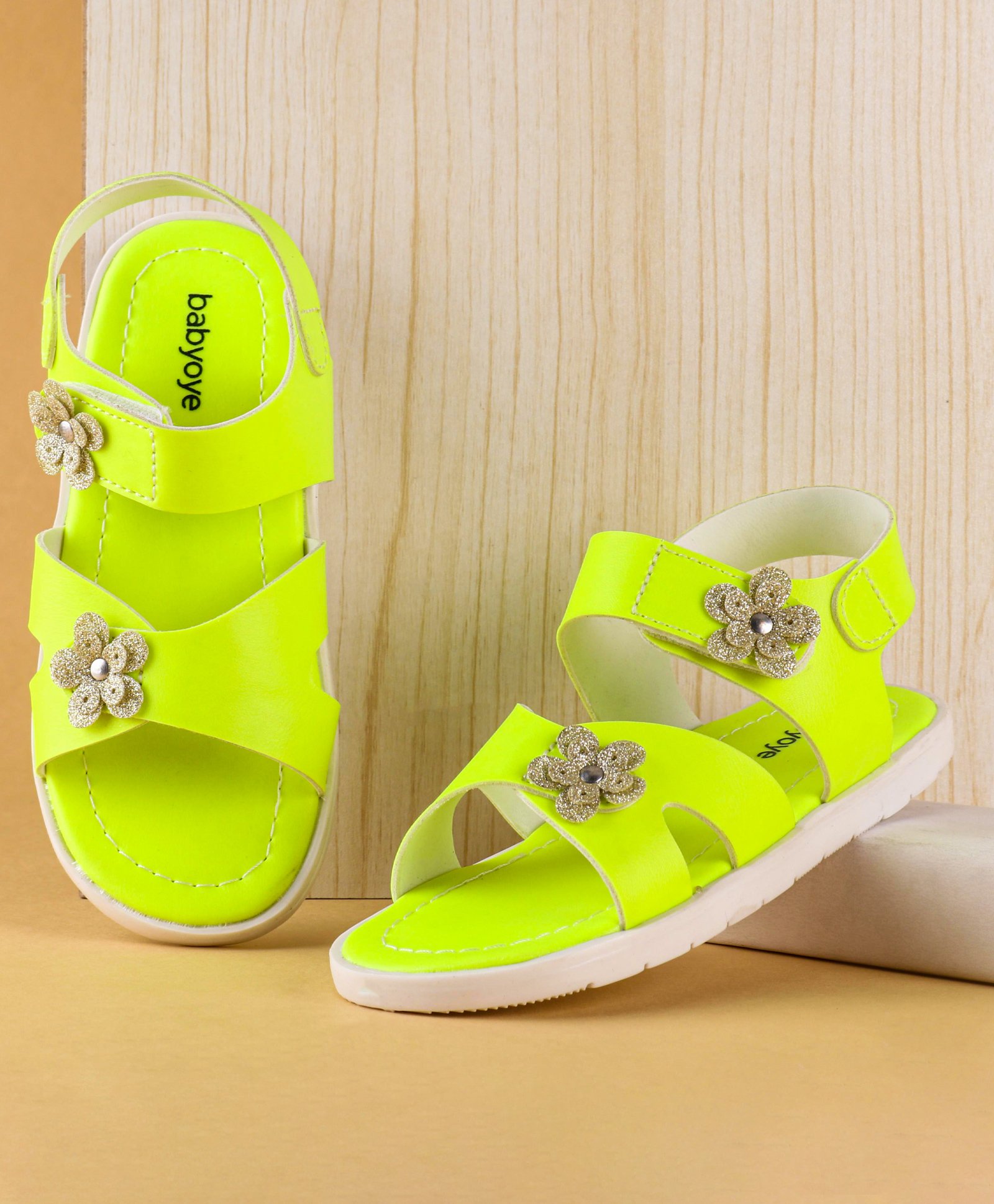 Babyoye Party Wear Flower Applique Sandals - Neon Green-image-11