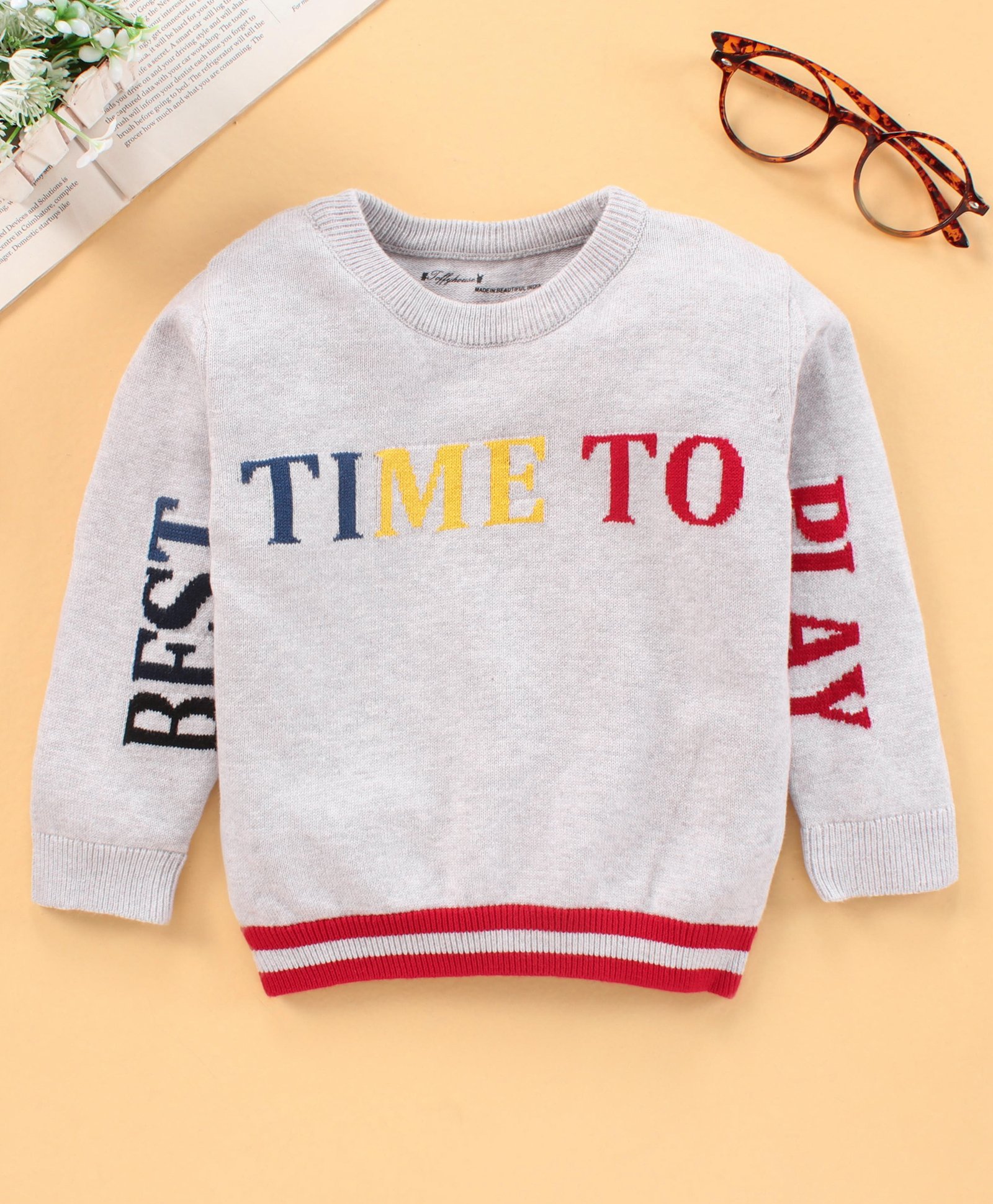 ToffyHouse Full Sleeves Flat Knitted Cotton Pullover Sweater Text Design - Grey-image-3