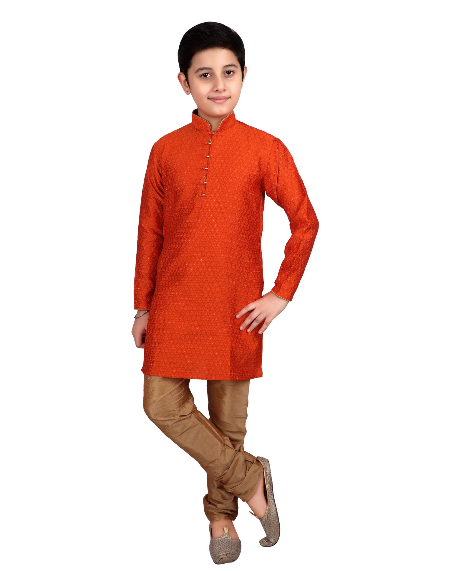 P-MARK Full Sleeves Motif Design Kurta Pyjama - Orange-image-3