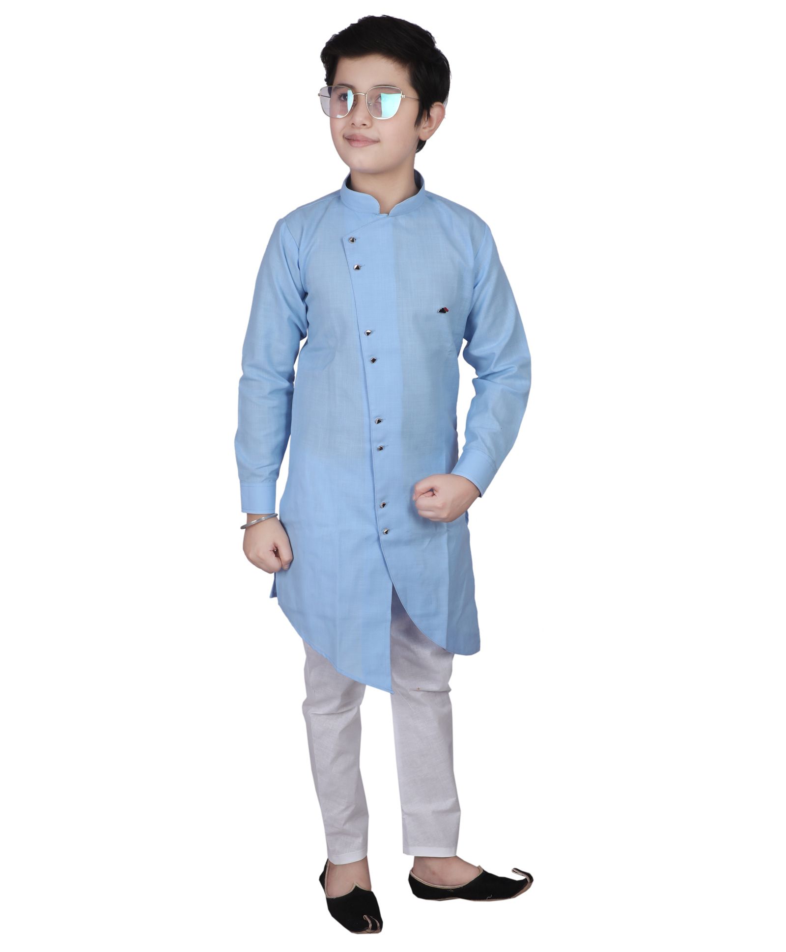 P-MARK Solid Full Sleeves Kurta With Pajama - Sky Blue White-picture-34
