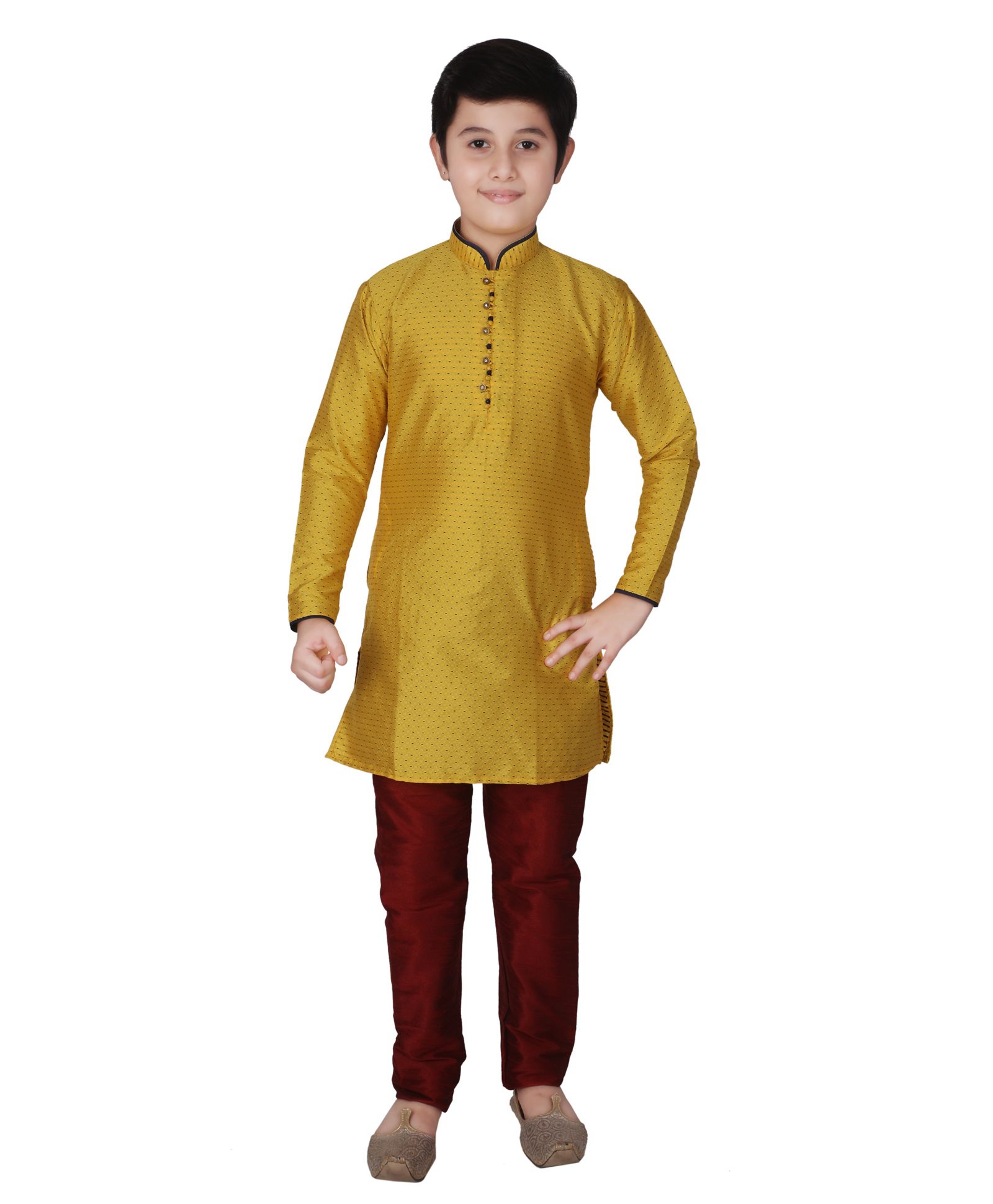 P-MARK Full Sleeves Self Design Kurta With Pajama - Yellow & Maroon-image-4