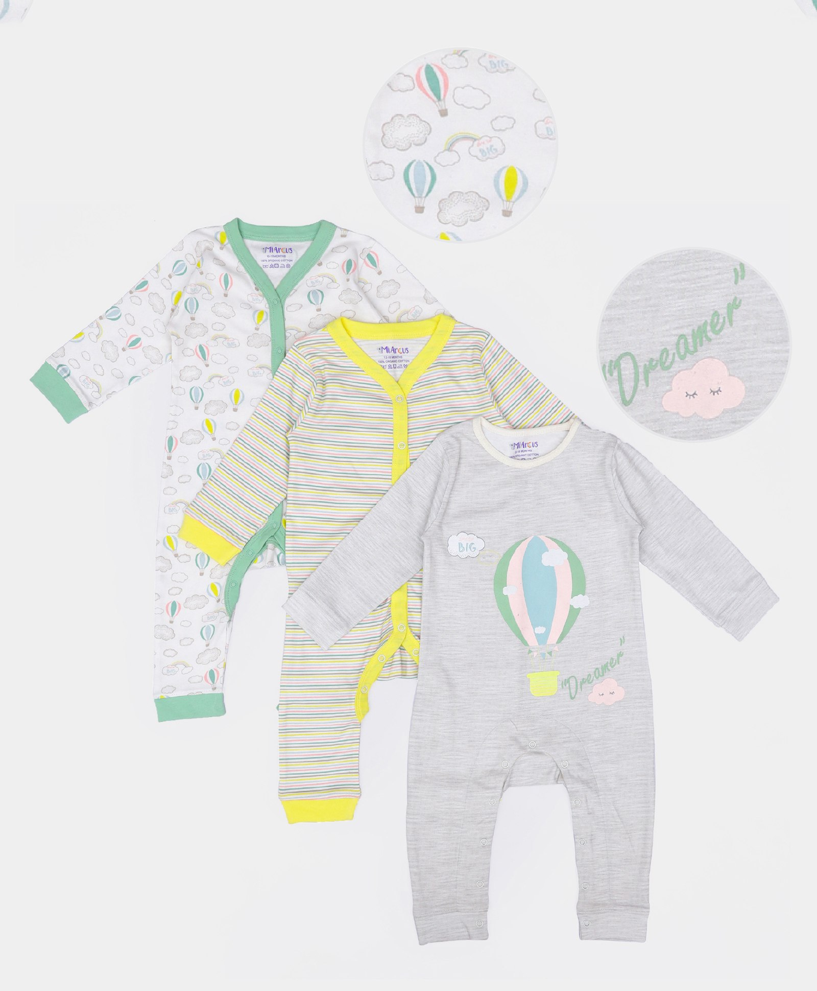 Mi Arcus Hot Air Balloon Print Full Sleeves Pack Of 3 Unisex Sleep Suits - Multi Color-image-36