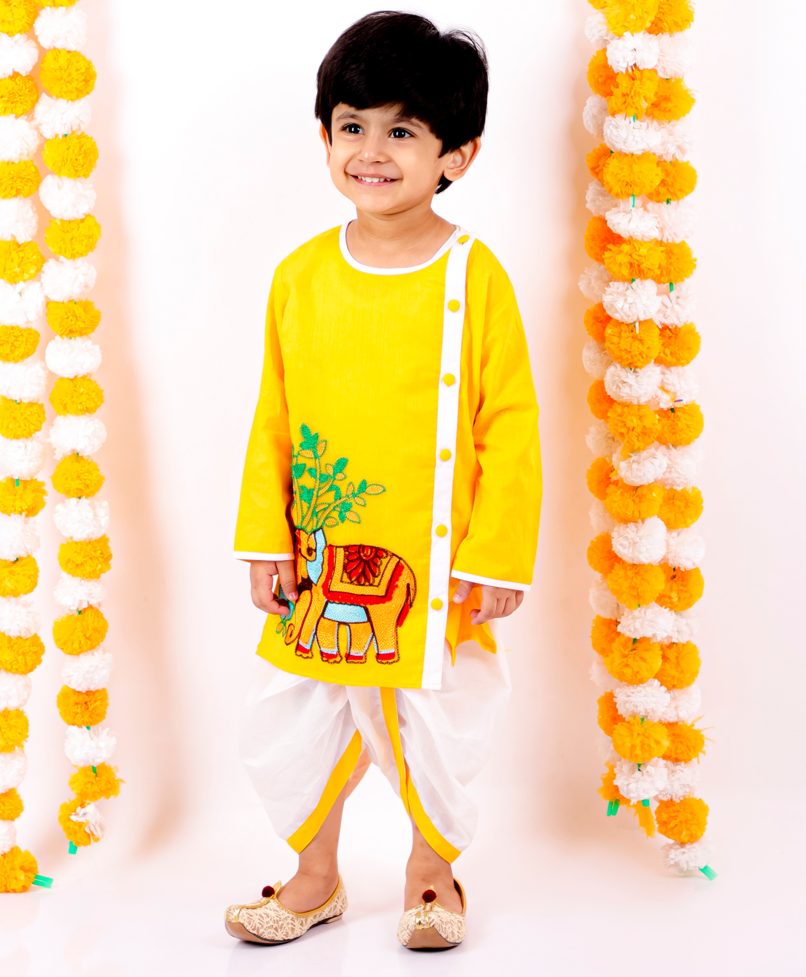 Little Bansi Full Sleeves Elephant Embroidery Kurta With Dhoti - Golden Yellow-picture-36