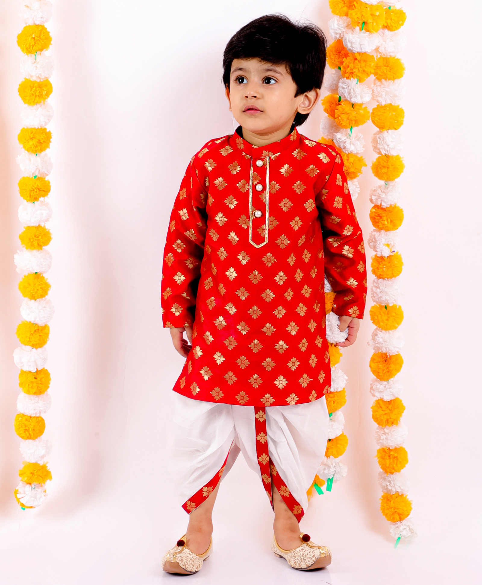 Little Bansi Full Sleeves Flower Motif Design Kurta With Dhoti- Red and Cream-picture-25