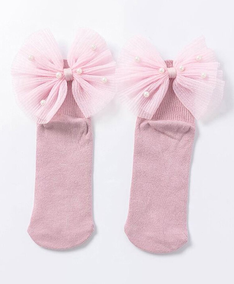 Flaunt Chic Pearl Tulle Bow Socks - Pink-picture-42