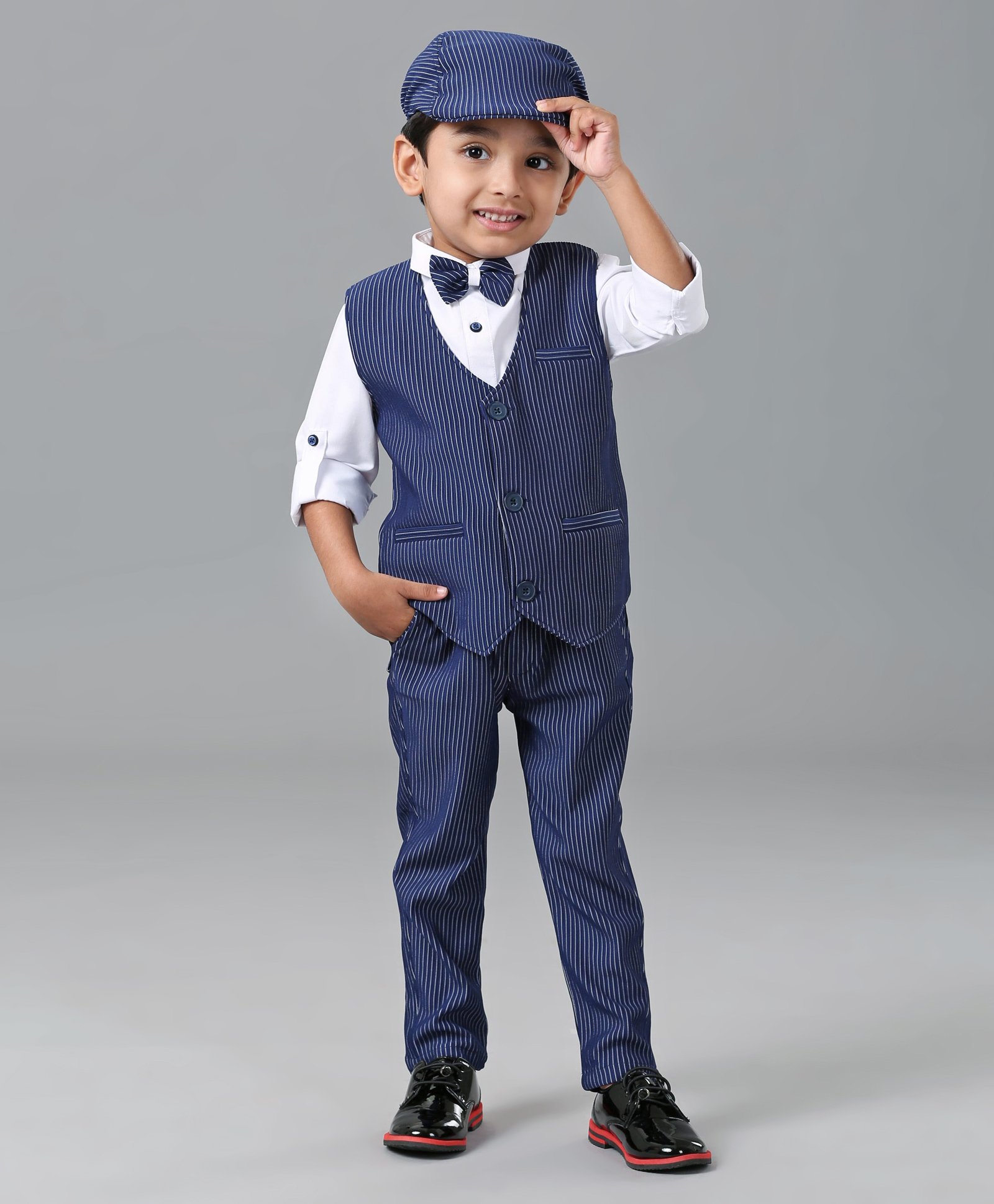 Robo Fry 3 Piece Full Sleeves Stripe Party Suit With Bow & Cap - Blue White-picture-11