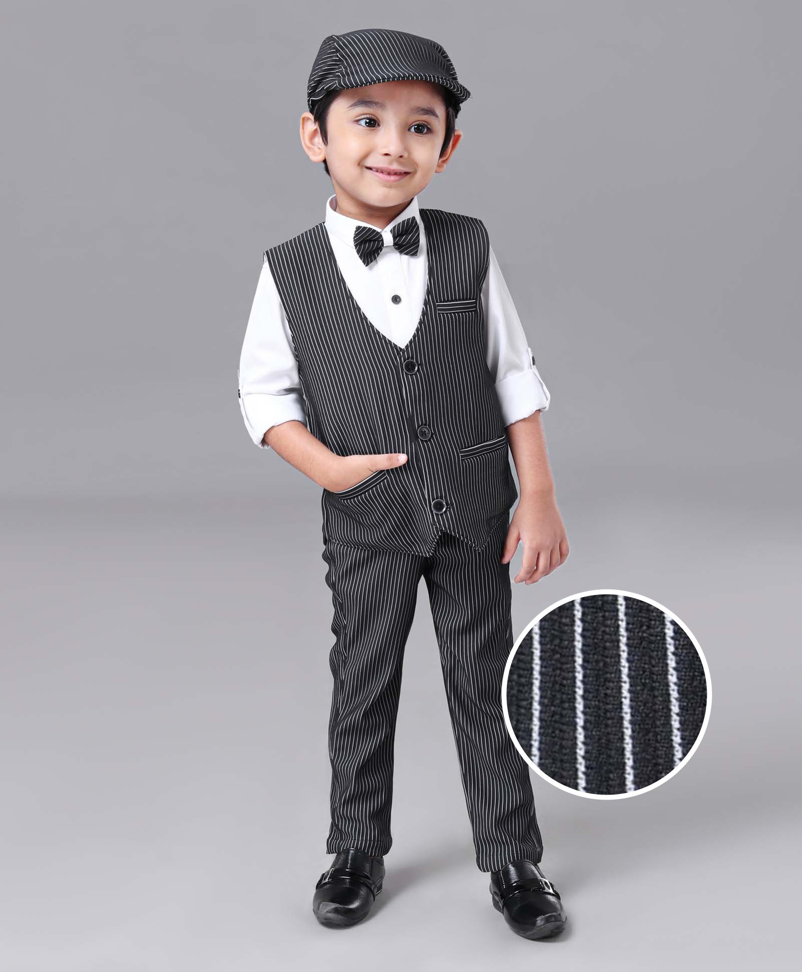 Robo Fry Full Sleeves Party Suit with Bow and Cap Stripes - Black-picture-28