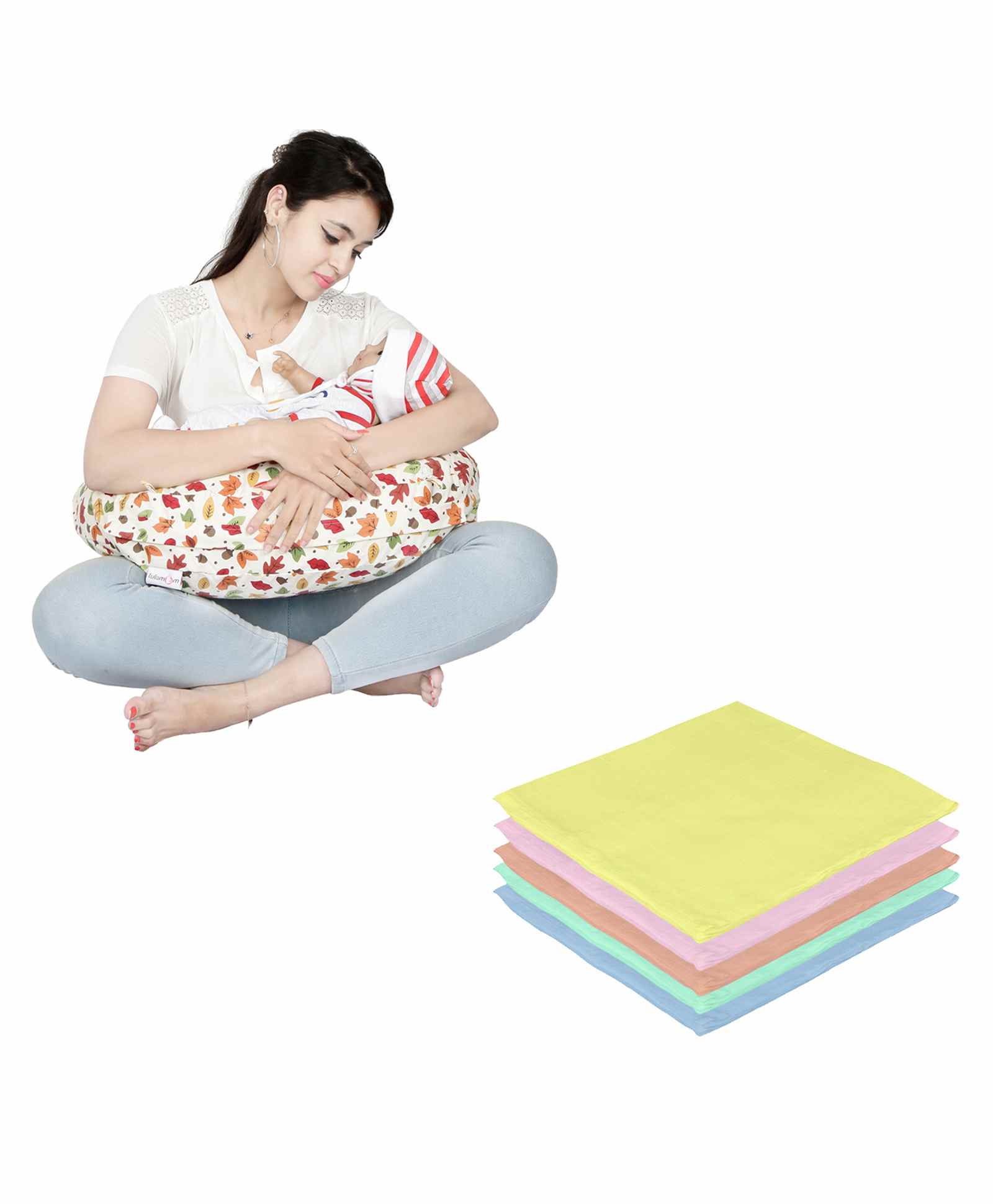 Lulamom Nursing Pillow with Cover Leaf Print & Muslin Napkin - Red White-picture-32