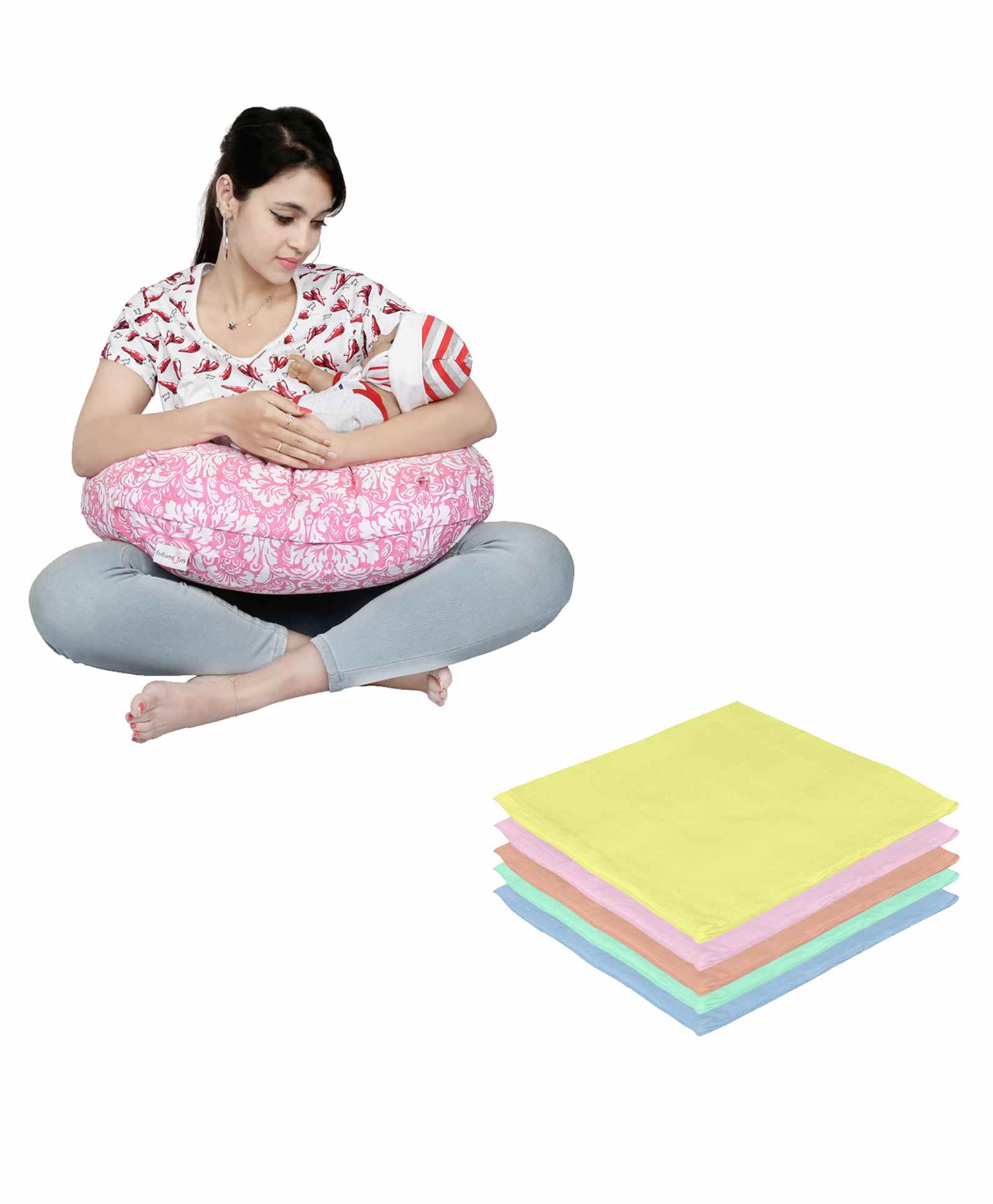 Lulamom Nursing Pillow with Cover Floral Print & Muslin Napkin - Pink-picture-28