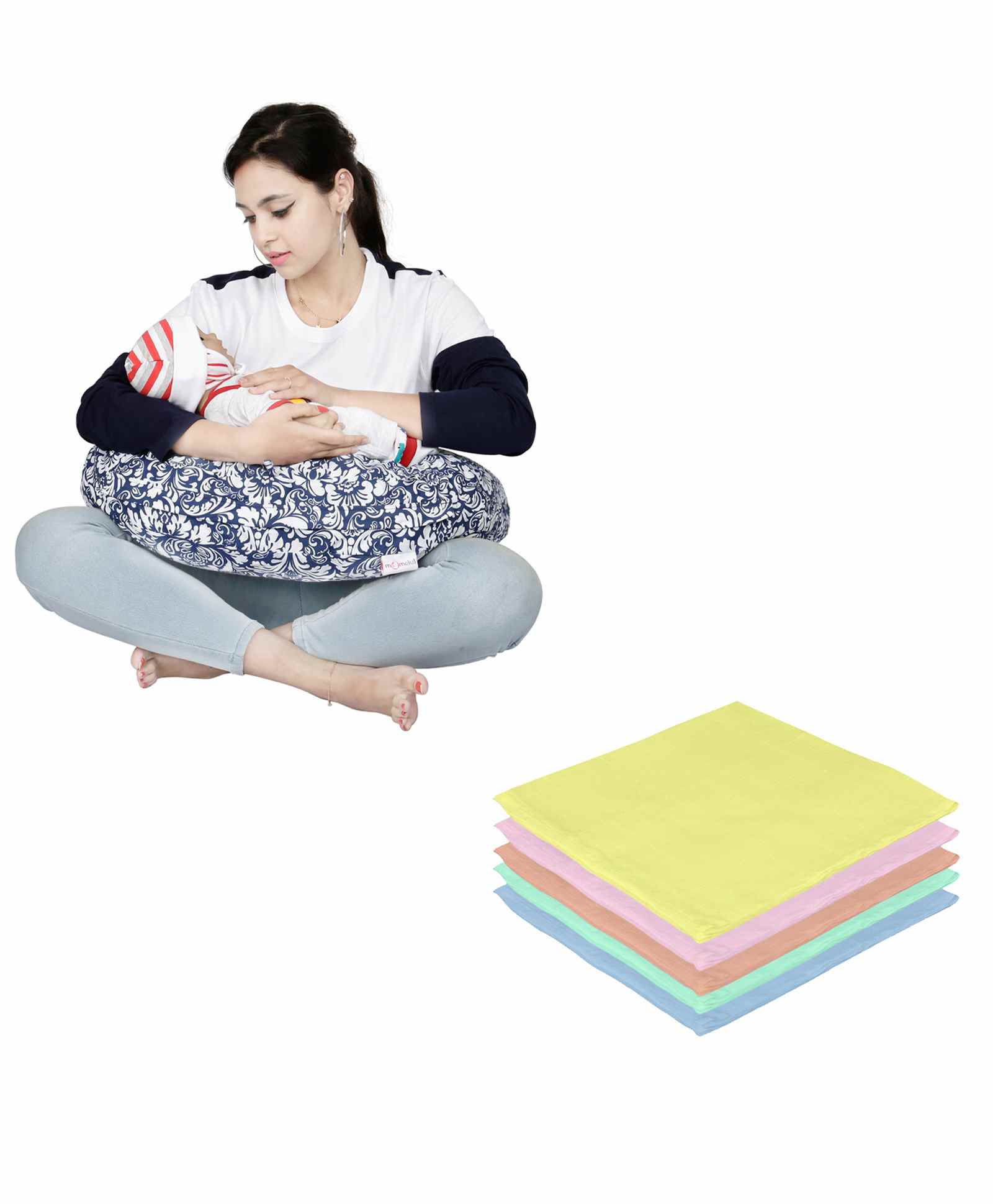 Lulamom Nursing Pillow with Cover Floral Print & Muslin Napkin - Navy-picture-27