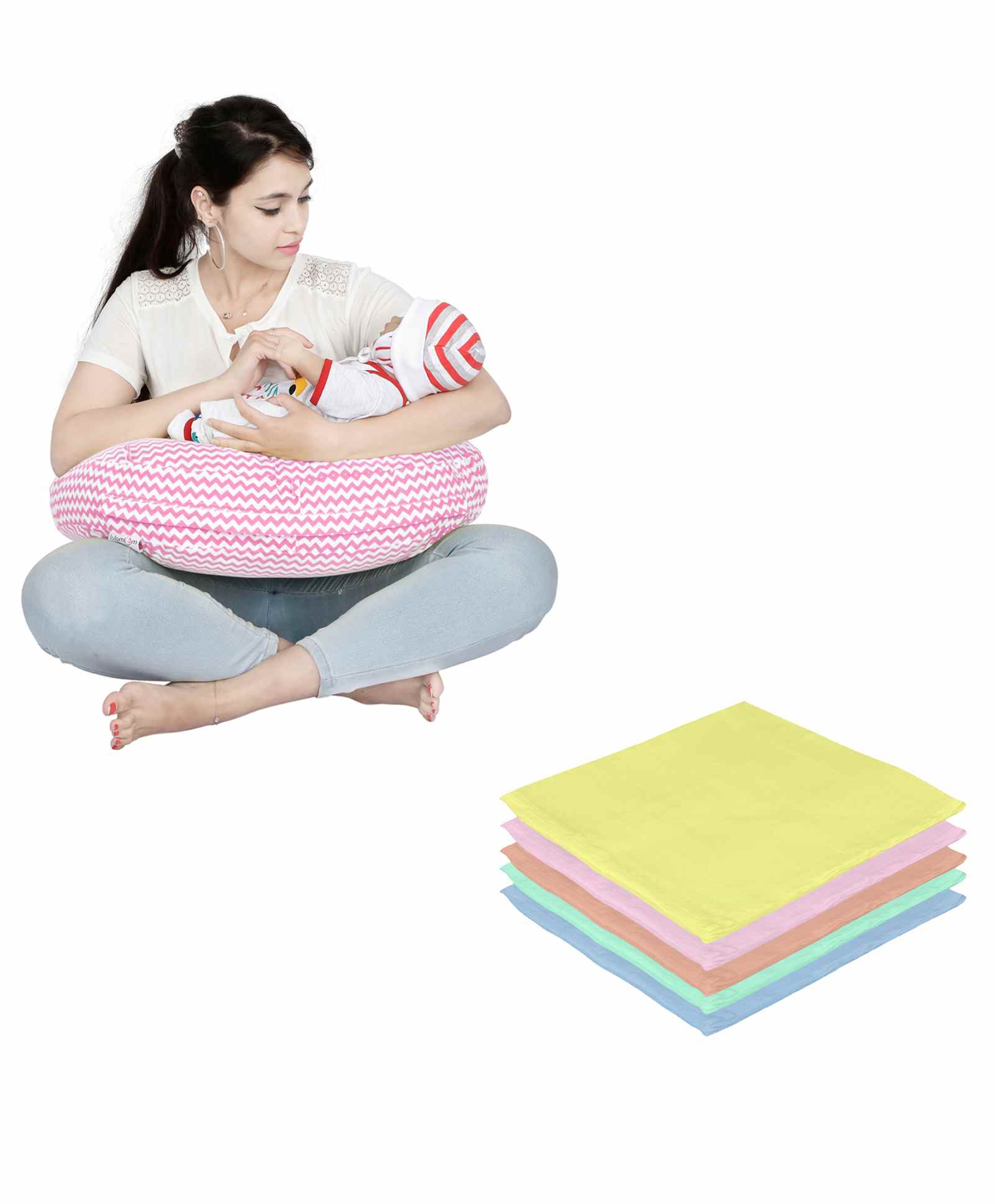Lulamom Nursing Pillow with Cover Zig-Zag Print & Muslin Napkin - Pink-picture-17