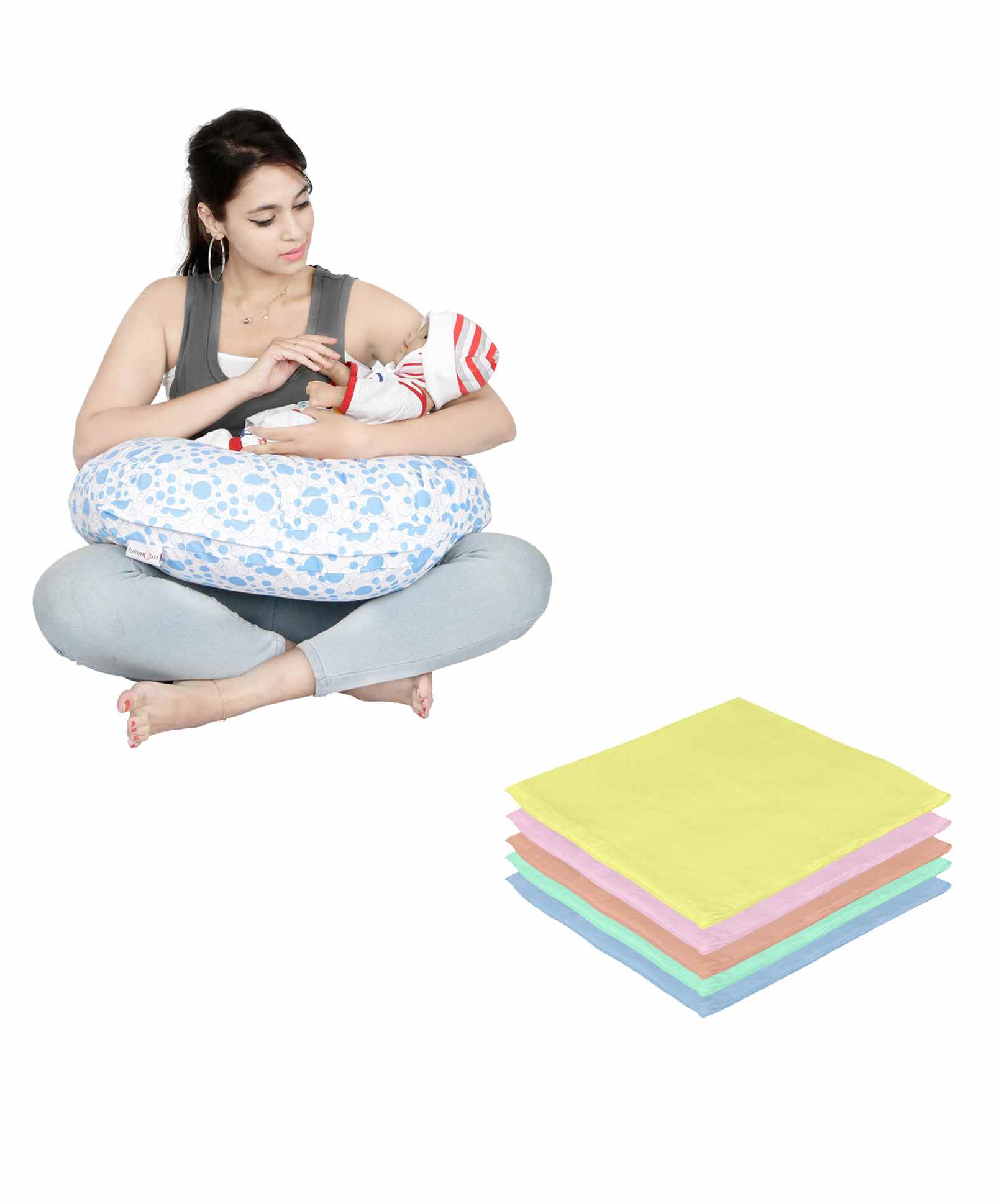 Lulamom Nursing Pillow with Cover Bubbles Print & Muslin Napkin - Blue-picture-22