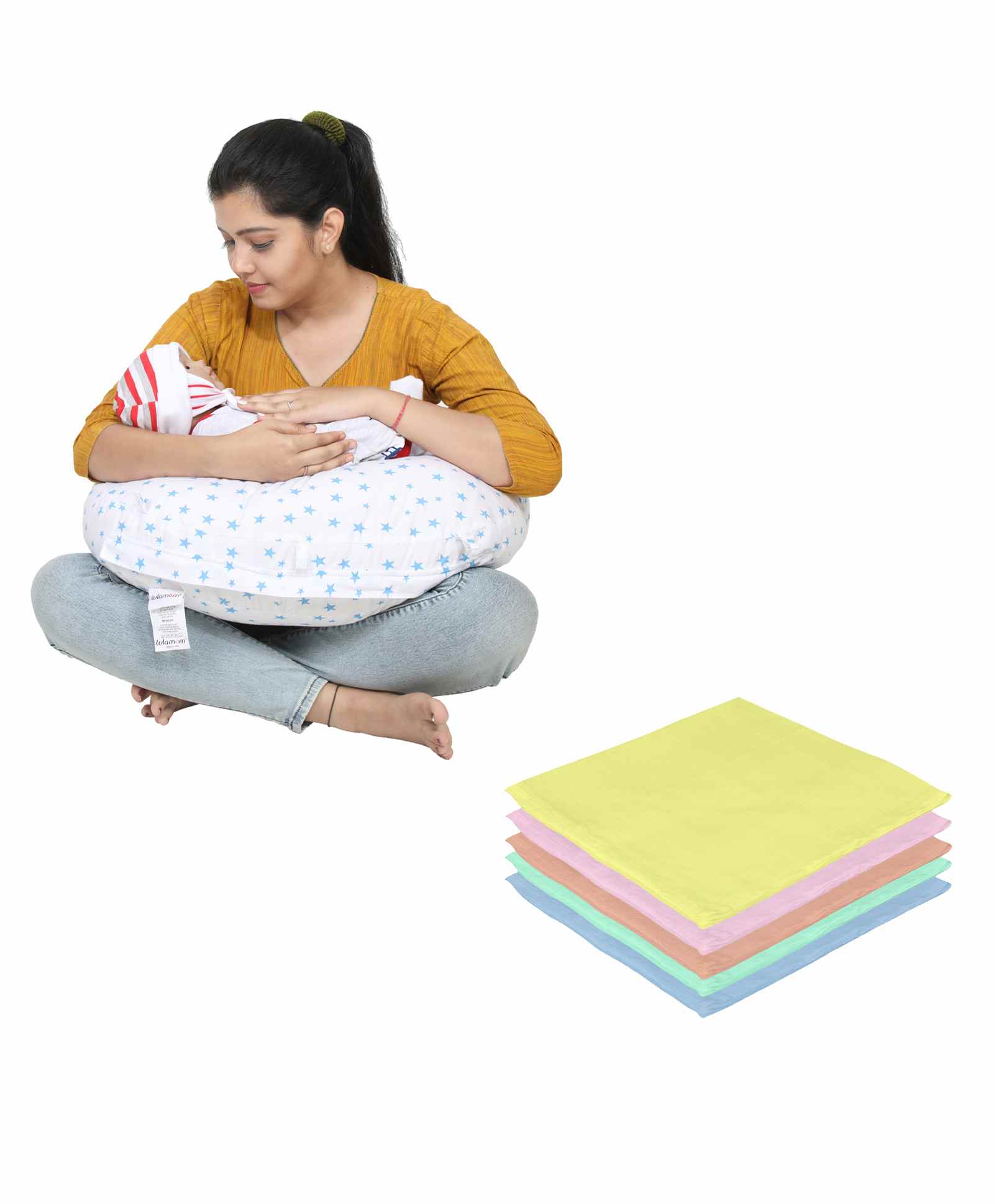 Lulamom Nursing Pillow with Cover Star Print & Muslin Napkin - Blue-picture-14