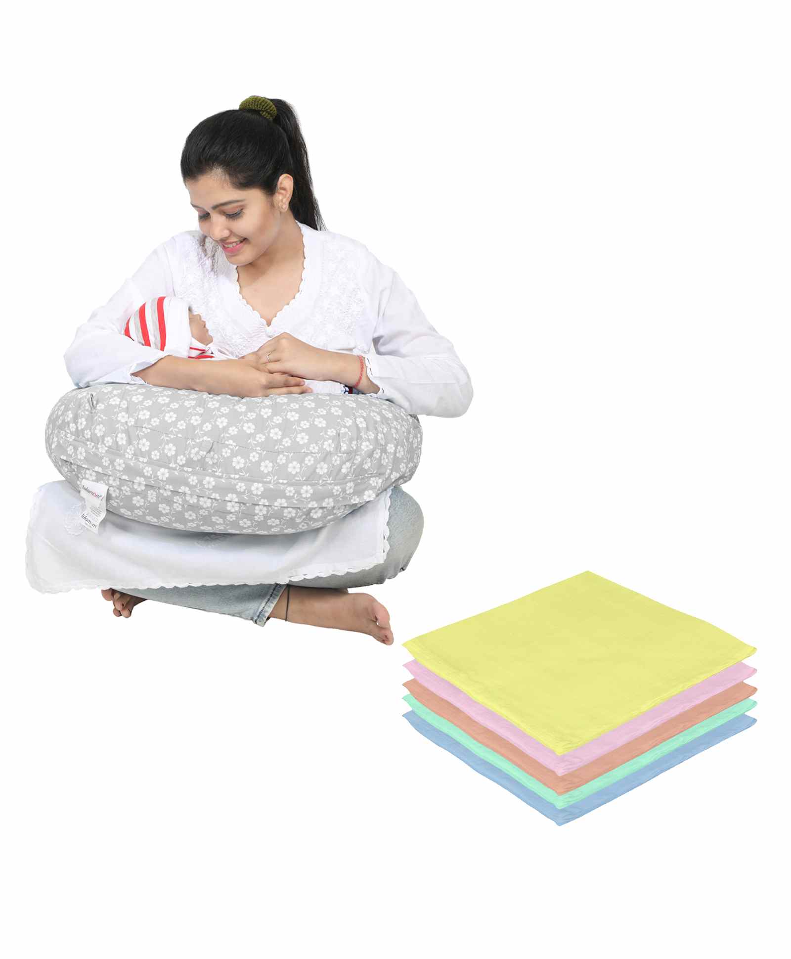 Lulamom Nursing Pillow with Cover Floral Print & Muslin Napkin - Grey-picture-12