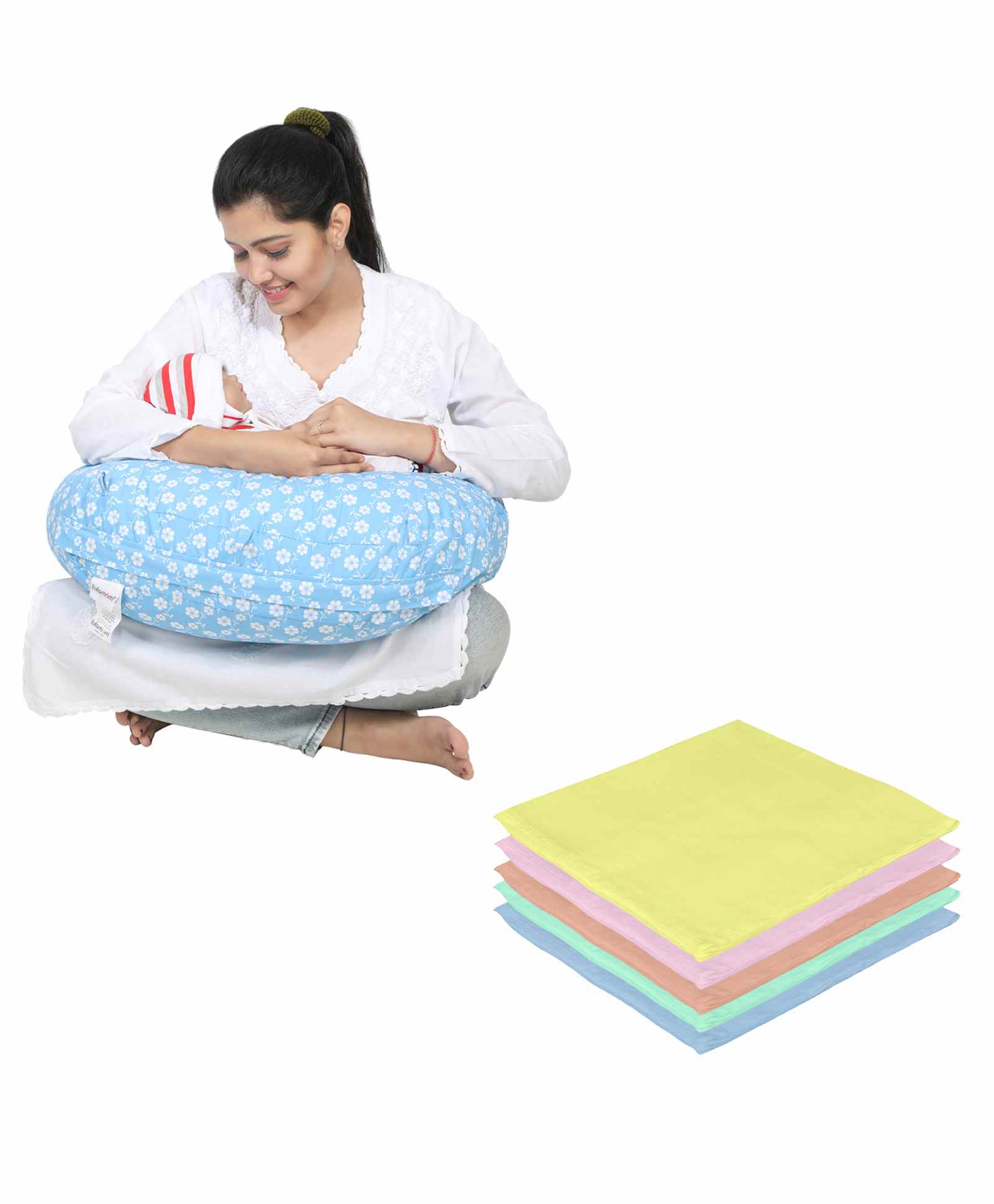 Lulamom Nursing Pillow with Cover Floral Print & Muslin Napkin - Blue-picture-21