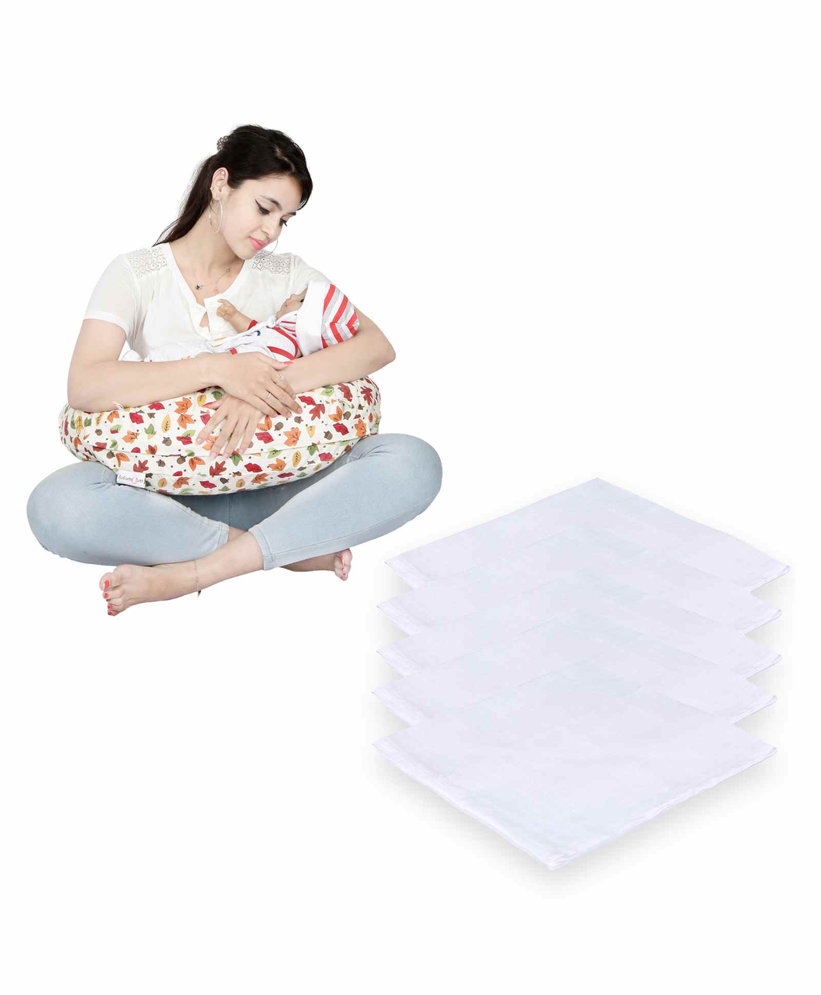 Lulamom Nursing Pillow with Cover Leaf Print & Muslin Napkin - Red White-picture-13